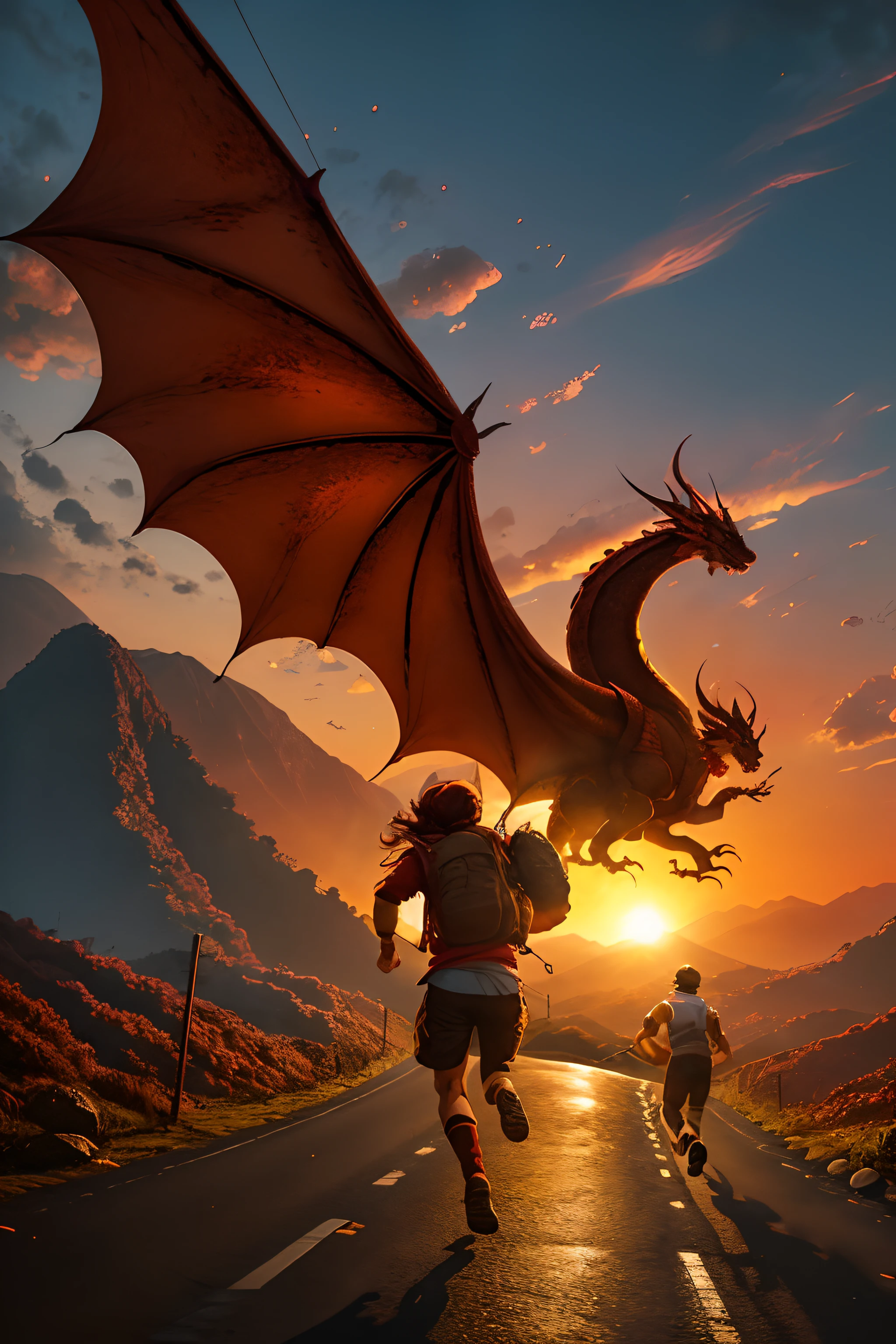 um adolescente moreno, alto, com olhos marrons claros, cabelo castanho ondulado grande em cima e dos lados, running towards sunset, along with his dragon flying on top of him (The dragon is reddish with shiny gold-like scales). They're both on the street, with two hills behind on which the one on the left has a monoment written on it "creio em deus" e o outro tem um farol em formato de trevo que brilha. --auto