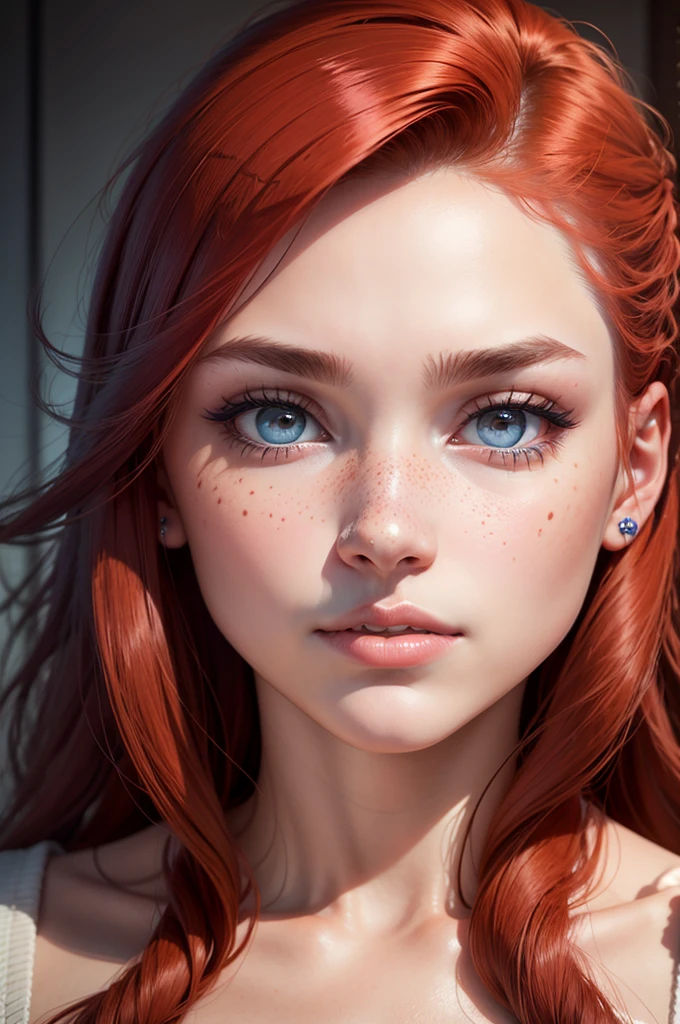 beautiful face of 20 year old woman, pelirroja, pelo largo, rostro con algunas pecas y ojos azules, (((fotorrealista)))