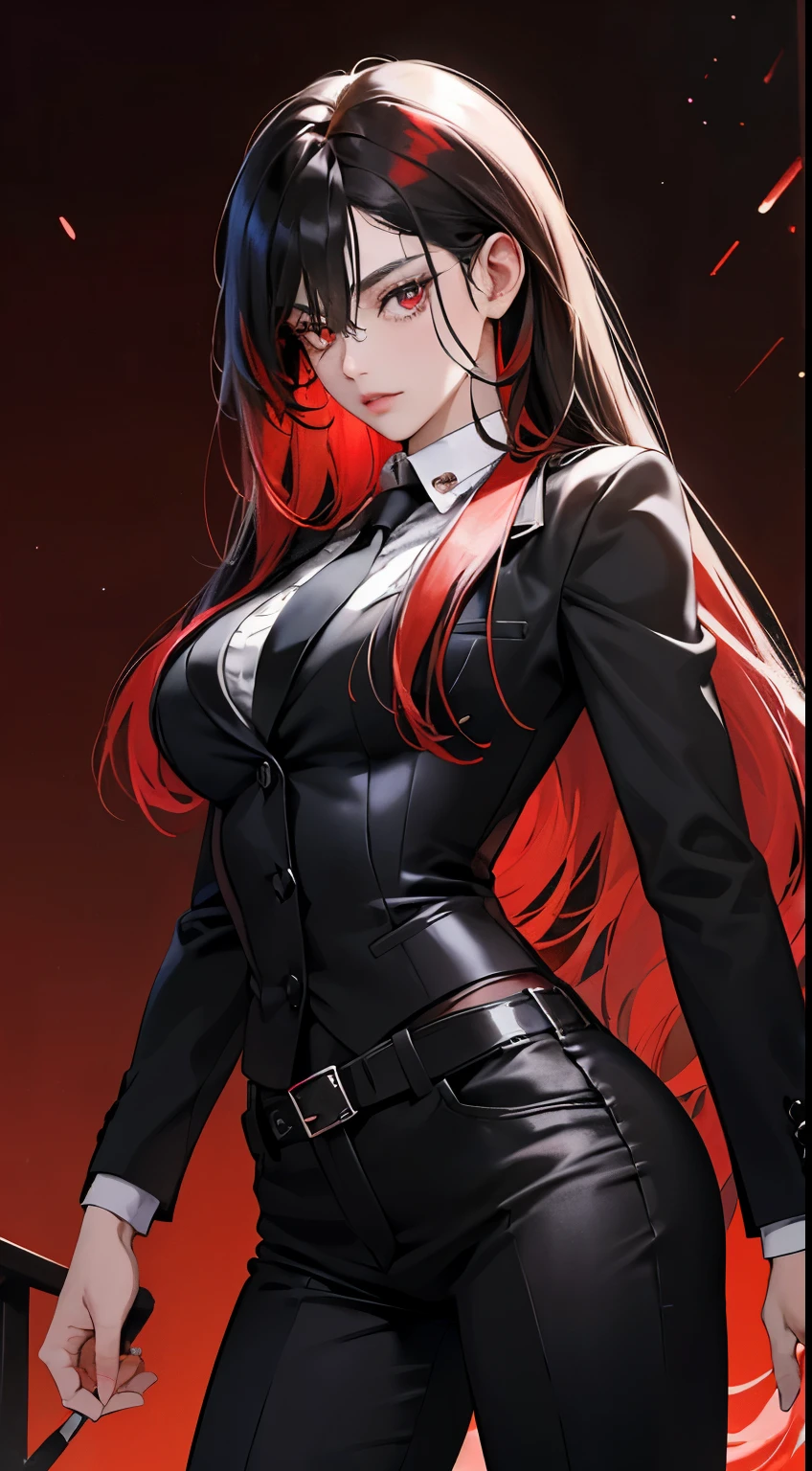 ((Parasoul)) a female with red long hair, wearing a black turtleneck, ((fringe covers one eye)), ((no panties)), ((wearing a crucifix necklace))