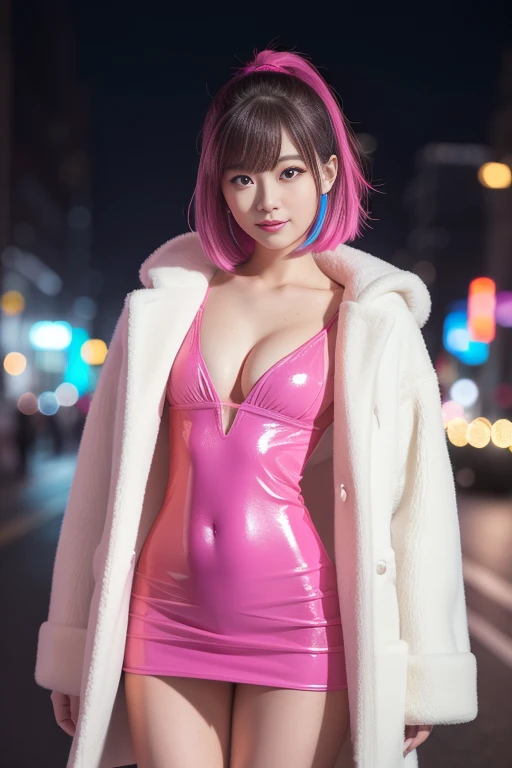 female idol、shy smile、full body Esbian、sheer latex tight mini dress(neon fuchsia)、multicolor short hair、long white fluffy fur coat with white fluffy fur(bright white)、conceptual art, High quality, Realistic, extremely detailed CG unified 8k wallpaper, highly detailed, High-definition raw color photos, professional photography, Realistic portrait, Cinematic Light, Beautiful detailed, Super Detail, high details, (((Bokeh))), depth of fields, illumination, Neon City Street, Super stylish lighting