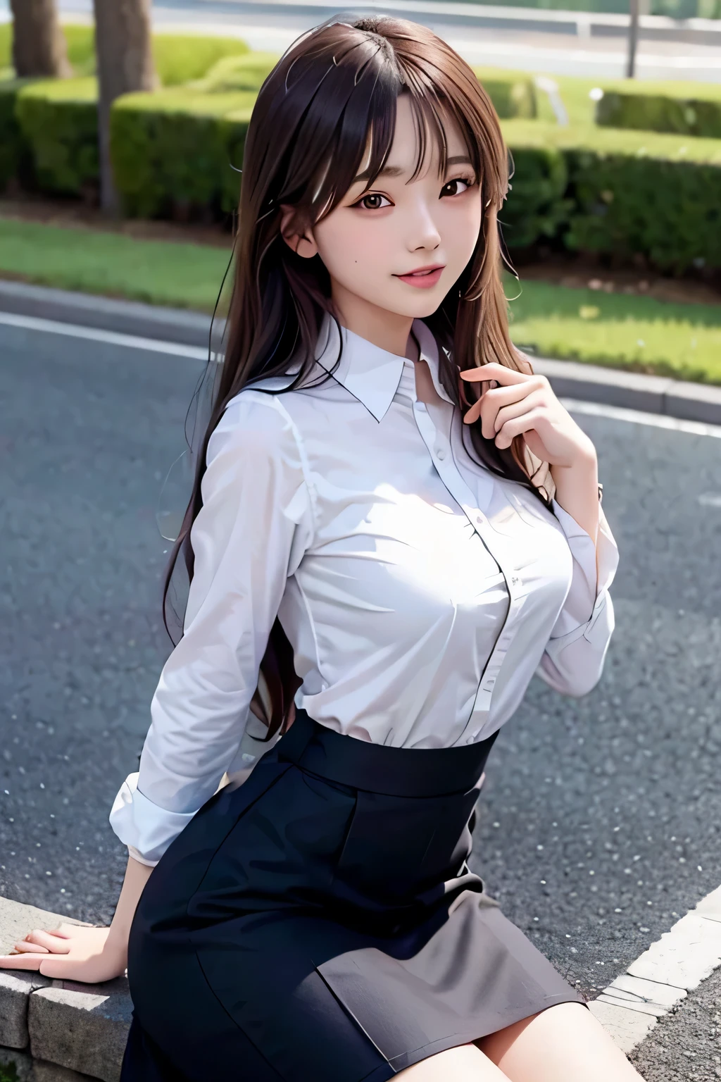 (small eyes), frontal shot , From the middle ,1 Japanese female, (Big eyes:1.1), very beautiful 18 year old girl, beautiful breasts:1.5、highly detailed eyes:1.2)、(beautiful breasts:1.1)、straight hair, (long hair:1.4), perfect skin, Fair skin, she caresses her breasts over her clothes.、anxious look, (big breasts), tight waist, light blush, alone, looking at the viewer, (laughter:1.3), (smile), (Shirt Formal), (Tight Skirt)
