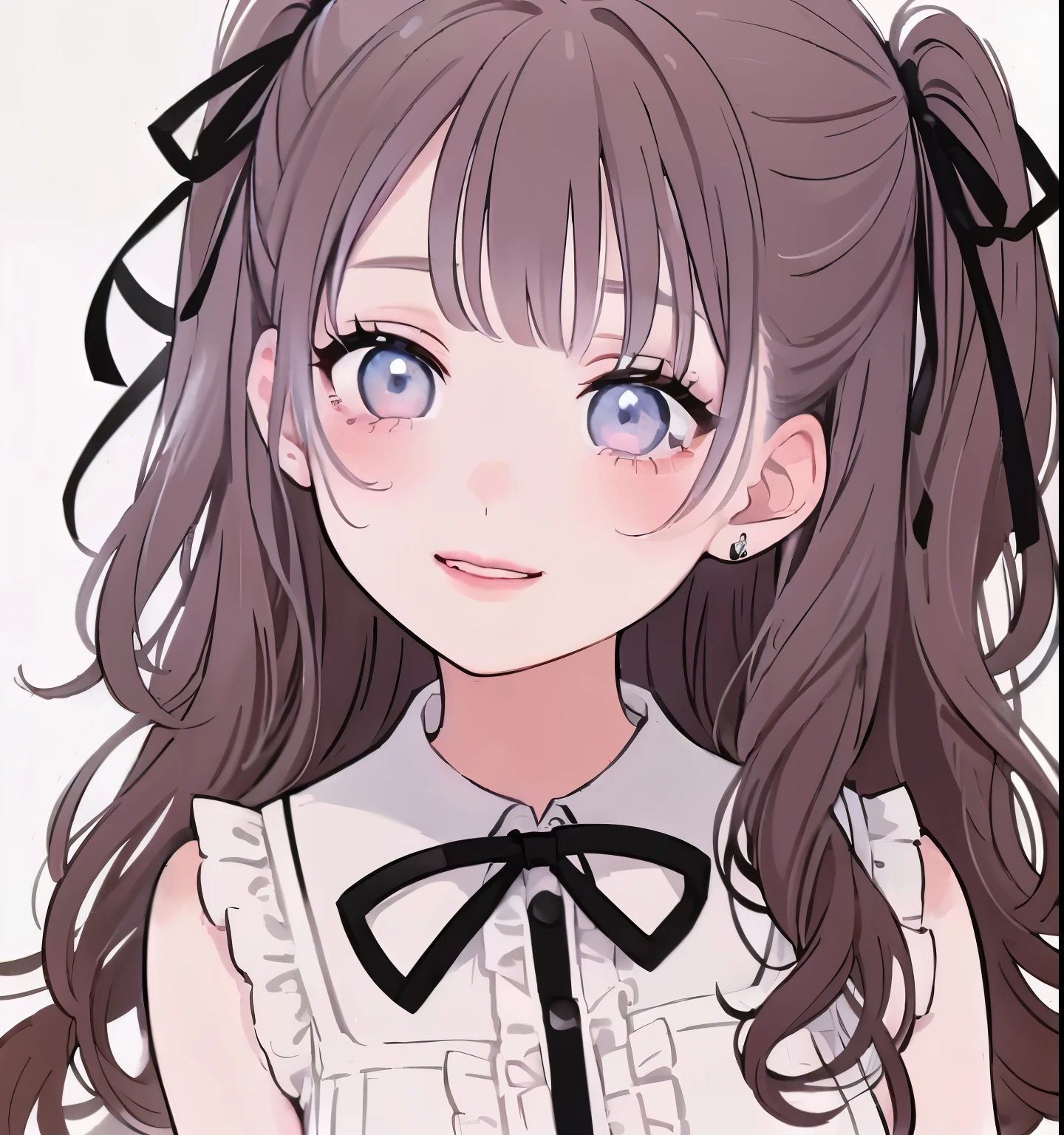 highest quality、An illustration、1 girl、beautiful face、cute、white background、beige hair、curly hair、thin white ribbon on head、white blouse、gingham checked skirt、white skin、princess cut、pink cheeks、Small lips、Pink lips、tear bag、smile
