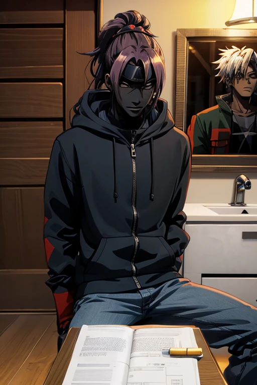 1 guy, dark skin, solo, masterpiece, best quality, anime, ultra-detailed, 2D full-body character image of Madara and Kakashi from Naruto and Cid from Eminence in the Shadows fusion into one single guy with dark skin and black hair, wearing a hoodie, removing the head band, dark theme with hints of blue, purple, green, and turquoise. A nice smile.