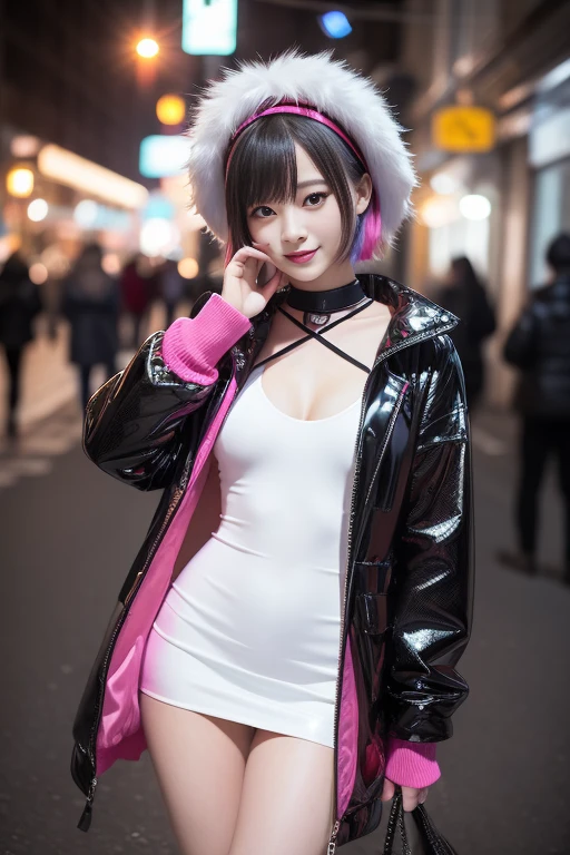 female idol、shy smile、full body Esbian、sheer latex tight mini dress(neon fuchsia)、multicolor short hair、long white fluffy fur coat with white fluffy fur(bright white)、conceptual art, High quality, Realistic, extremely detailed CG unified 8k wallpaper, highly detailed, High-definition raw color photos, professional photography, Realistic portrait, Cinematic Light, Beautiful detailed, Super Detail, high details, (((Bokeh))), depth of fields, illumination, Neon City Street, Super stylish lighting