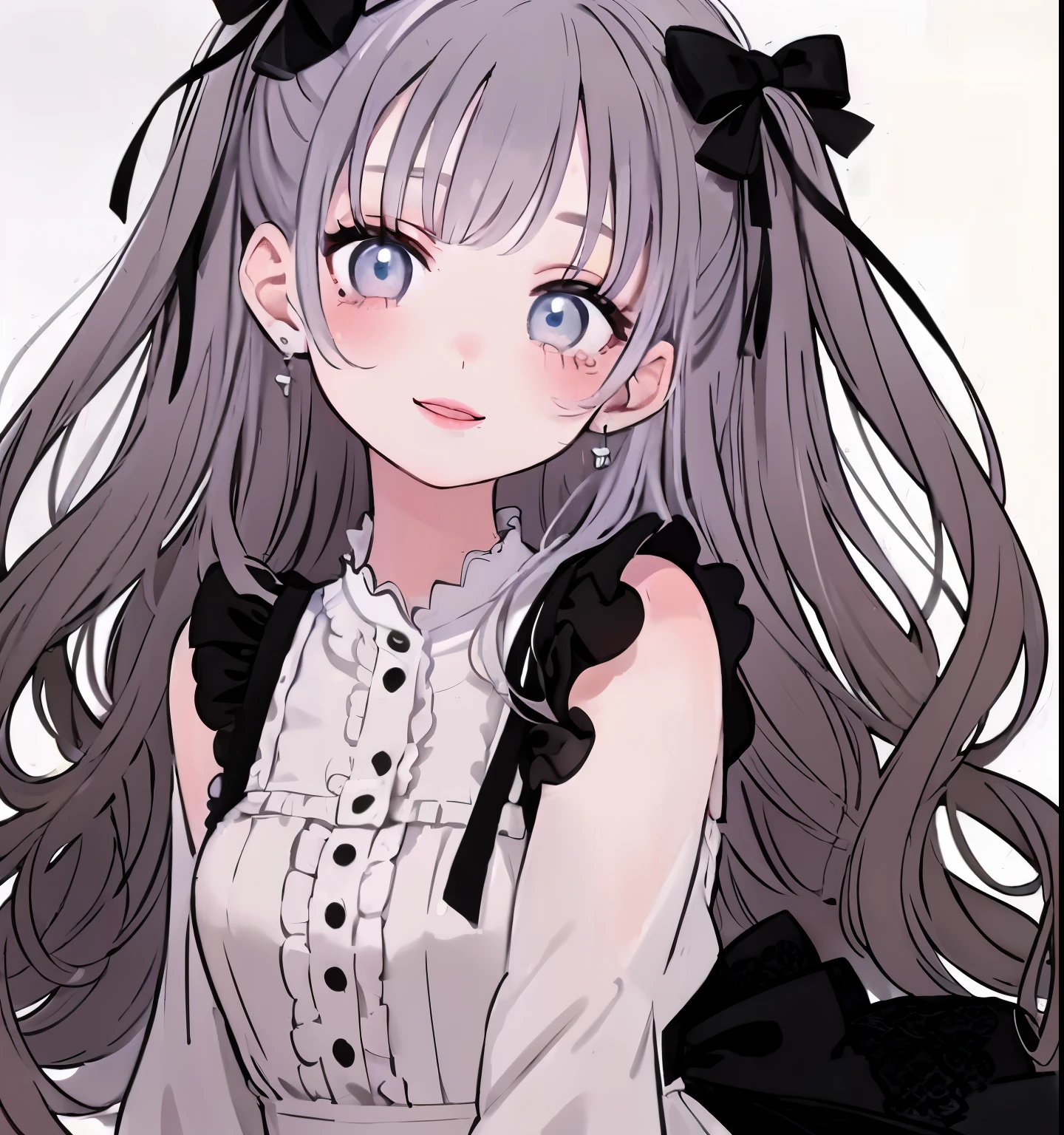 highest quality、An illustration、1 girl、beautiful face、cute、white background、beige hair、curly hair、thin white ribbon on head、white blouse、gingham checked skirt、white skin、princess cut、pink cheeks、Small lips、Pink lips、tear bag、smile