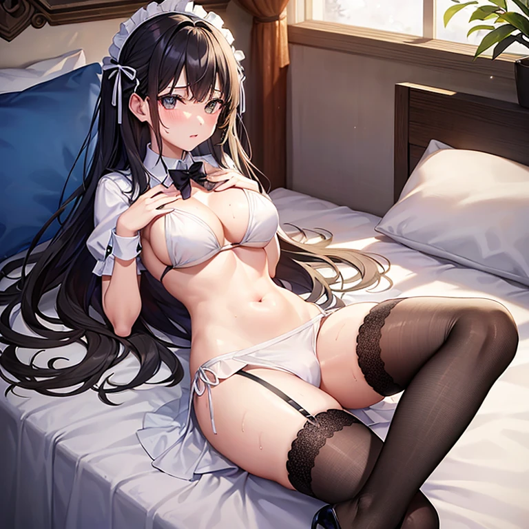 ((highest quality)), ((masterpiece)), (become familiar with), Girl with the perfect face, best quality people, ((((Light costume)))), (big breasts), Sparkling, (20-year-old), ((White string: 1.5)), (((Chest dew: 1.5)))), ((please lie down on the bed: 1.5)))), (((open your legs: 1.8)),maid、bare chest、Spread your with your hands。sweaty。 have sex in bed。Wearing fishnet stockings,spread your legs
