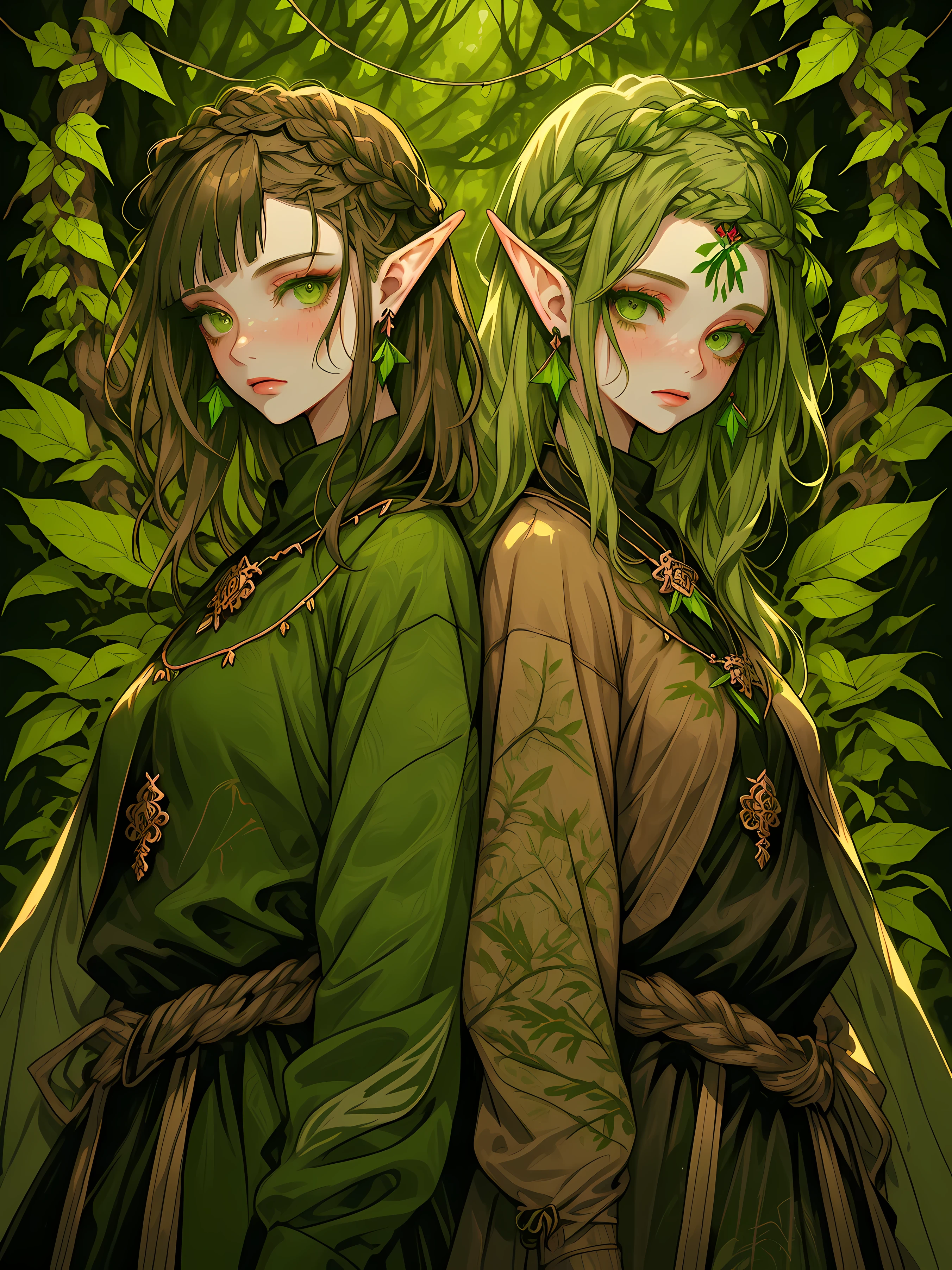 Retrato da cintura para cima em tons de floresta, estilo florestal, (dois), (casal), (detalhado, Intricado), Green and brown braided hair, cercado pela natureza, Fundo de olhos verdes esmeralda, fundo encantado da floresta, Leafy Accessories, elven armor, with vines intertwined in the hair, Leaf pattern painted on the face, elven ear, um olho verde, colar inspirado na natureza, traje frondoso, leaf shaped eyelashes, cosmetics in earthy tones, Braided and adorned hair, holding a mystical bow, Natural lip color, brincos de madeira, earthy lips, Olhos verdes musgosos, tema floresta, Magical forest creatures in the background.