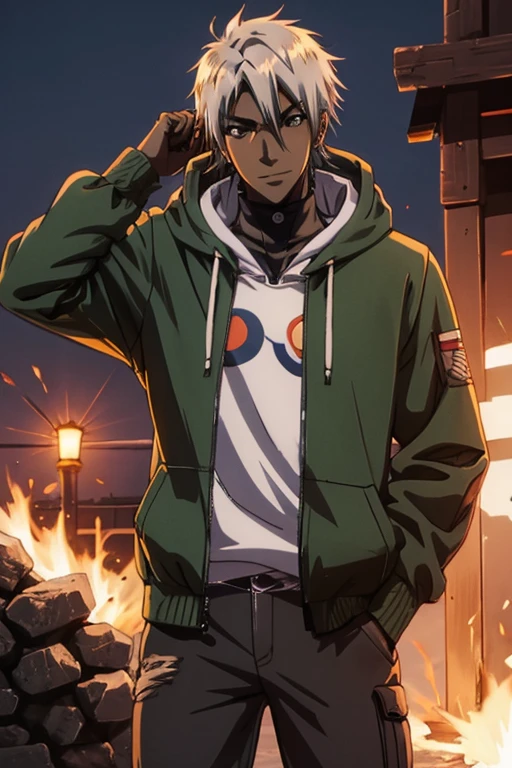 1 guy, dark skin, solo, masterpiece, best quality, anime, ultra-detailed, 2D full-body character image of Madara and Kakashi from Naruto and Cid from Eminence in the Shadows fusion into one single guy with dark skin and black hair, wearing a hoodie, removing the head band, dark theme with hints of blue, purple, green, and turquoise. A nice smile.