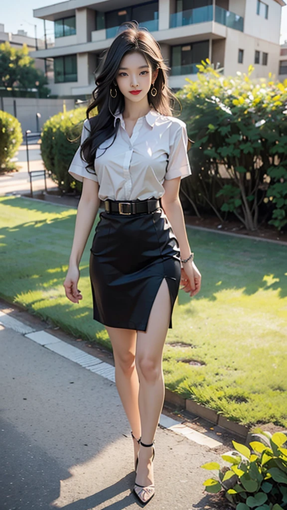 highest resolution, 8K, high definition, (extra long hair, Long hair 1.2 meters), นักศึกษาthailand, (half-caste, thailand, Japan, Korea, Height 173 centimeters), ((stand, walk)), (Beautiful face, แต่งBeautiful face, Double eyelids, red lips), (Beautiful Woman, The texture is realistic.), (white short sleeve shirt thin shirt, collar shirt, With metal buttons), (black short pencil skirt, Very short, Side incision, กระโปรงสีดำพร้อมbeltผู้หญิง, tight), (Huge breasts, Breast augmentation, big breast, Big tits, plump tits, Fluffy milk, Huge breasts), (Symmetrical shape, sexy figure, Thin, slim, small waist, Long legs, Beautiful thighs), (Pitch black high heels, earring, Put on a watch, belt), (full body, Look at every part of the body.), (university backdrop, building, building, lawn, outdoor sports field)