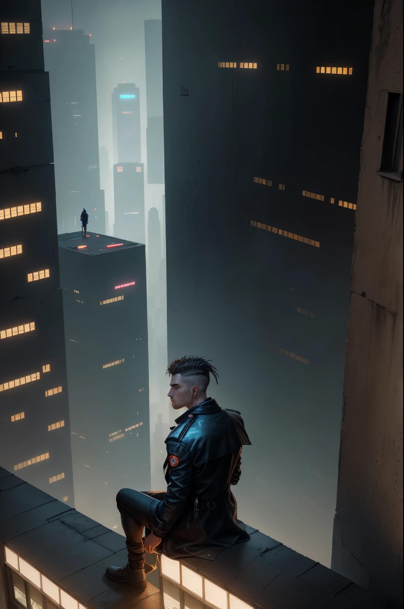 A man, 30 years old, brown eyes, hair shaved on the sides, combed back, wearing a dark trench coat with the collars turned up. He is leaning against the parapet of a building, observing from above the night of the cyberpunk city below in the background. Background futuristic cyberpunk make it realistic, Blade Runner, 8k, ultra hd 
