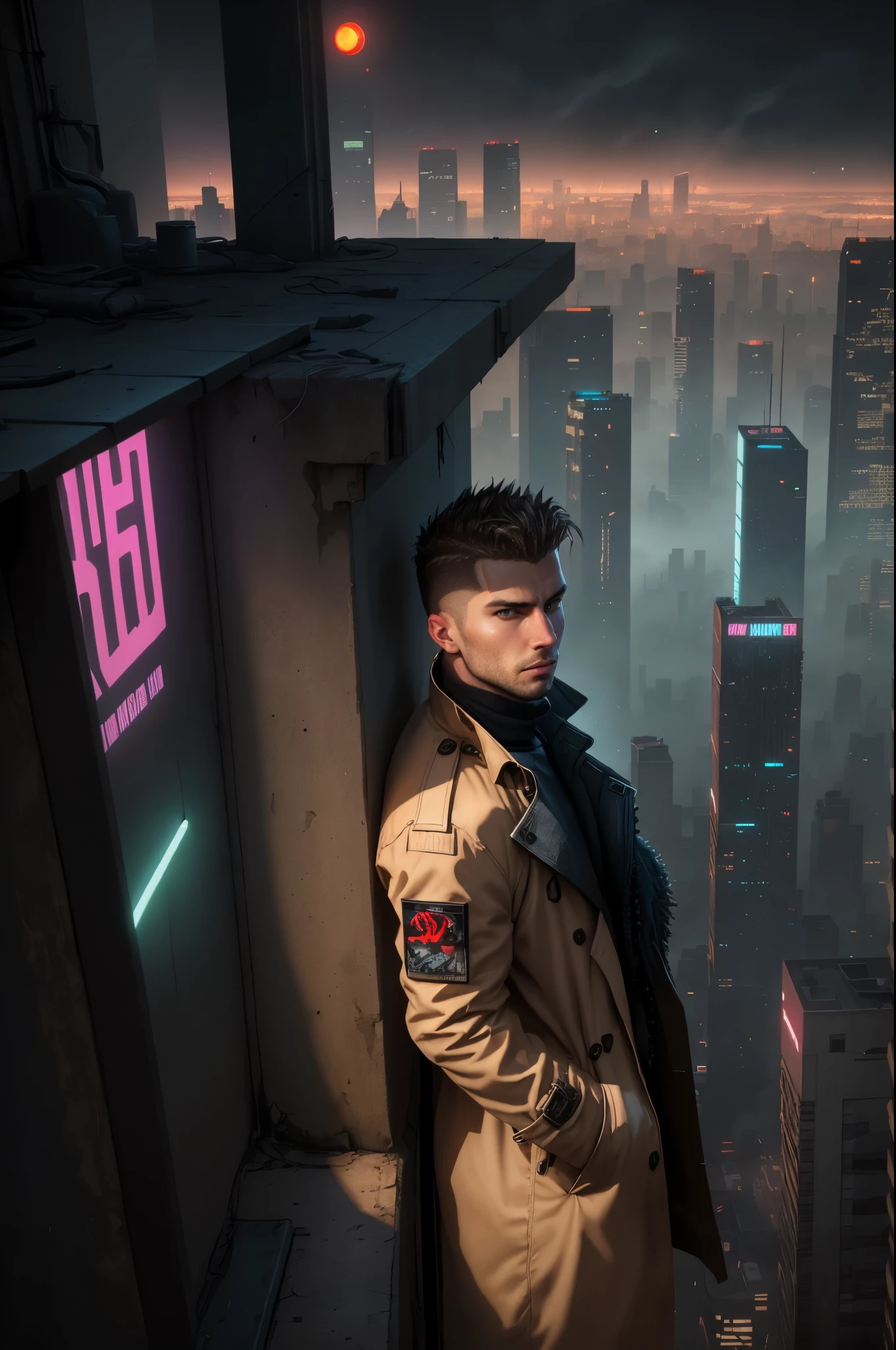 A man, 30 years old, brown eyes, hair shaved on the sides, combed back, wearing a dark trench coat with the collars turned up. He is leaning against the parapet of a building, observing from above the night of the cyberpunk city below in the background. Background futuristic cyberpunk make it realistic, Blade Runner, 8k, ultra hd