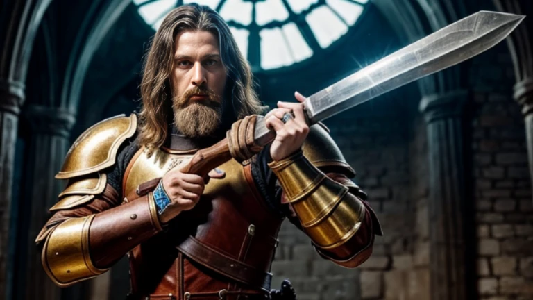 Faz Escanor um guerreiro forte ,In his hand is the Ritha axe, he wears elite heavy golden armor with lion symbols on each arm, his hair is light red, blue eyes, he is a medieval knight warrior, his armor is epic and he is 2 meters and 10 centimeters tall., he has an English mustache, cabelo normal e curto para um ingles ele e robusto como um rato de academia