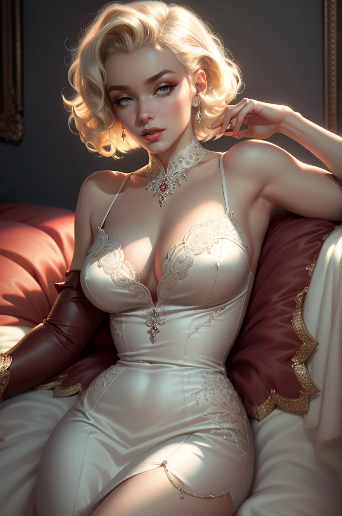 (Masterpiece - Ultra-Detailed, High Resolution) Prepare to be enchanted by a true masterpiece that combines ultra-detailed art with high-resolution rendering. This work shows a mesmerizing woman, with short, light blonde hair, 1950s style, Marilyn Monroe (1.3) and captivating dark brown eyes (1.2), New York illustration style, wearing red lipstick, emanating an aura of elegance and mystery. Wearing classic 1950s clothing. sexy. Intricate details and realistic textures invite you to explore every aspect of this enchanting composition. Transparent white dress. reading, writing, walking, backwards, lying down, standing, dynamic poses, mouth closed. Different posture. Very sexy, with chin resting on shoulder. Get ready to dive into a world where beauty and craftsmanship merge perfectly.