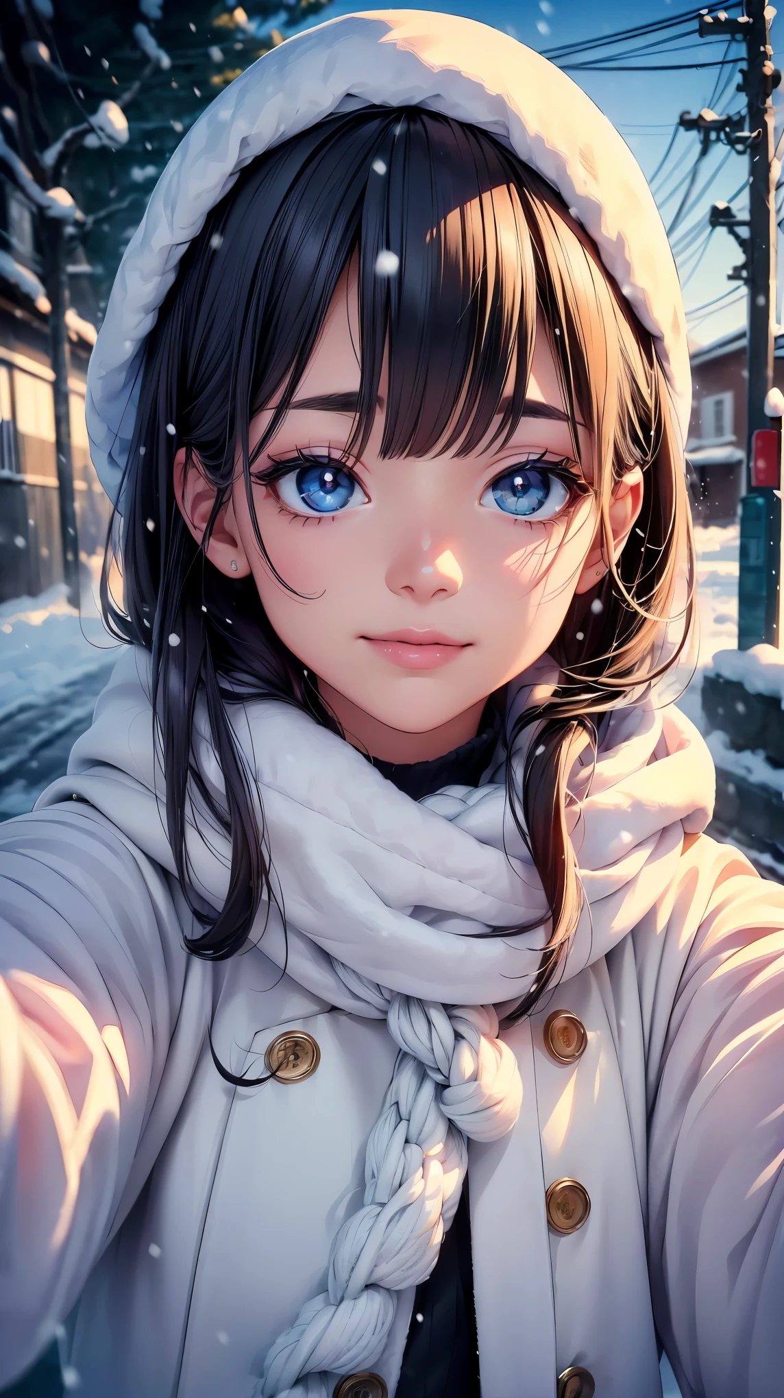 (8K, RAW photo, 最high quality, masterpiece: 1.2), High-definition RAW color photo, Professional photo shoot, cinematic light, , (((young woman, gal))), (Sharp features), (Big eyes), (small face), (high detail skin: 1.2), cute face, beautiful appearance, long eyelashes, (rainbow hair), (slim body:1.5), very detailed顔と肌の質感, detailed eyes, natural makeup, white coat, A woman whose mouth is hidden by a fluffy white scarf, hold the muffler with your hand, cold air feeling, ((Face close-up shot)), smile, staring eyes, beautiful skin, shiny skin, perfect fingers, five fingers, anatomically correct, winter background, background bokeh, high quality, surreal, bright colors, ((very detailed, photo shoot)),