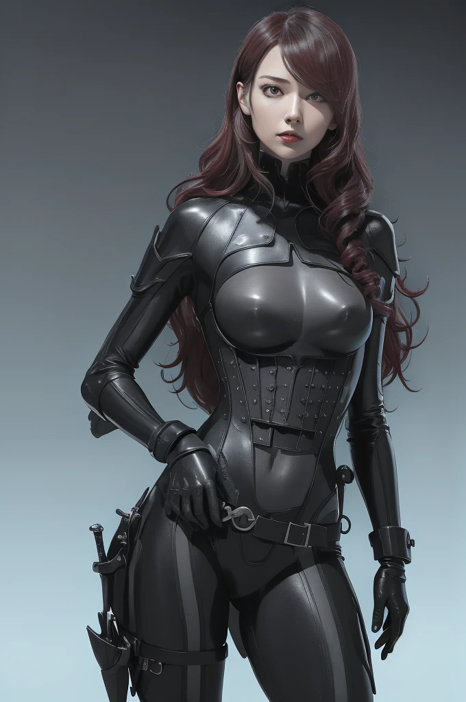 a woman with red lipstick has armor on and is holding a sword, kirijou mitsuru, 1girl, solo, hair over one eye, long hair, (((red hair))), (((red eyes))), weapon, rapier, sword, bodysuit, black bodysuit, grey bodysuit, hand on hip, (((large breasts))), simple background, white background, (purple theme:1.2)