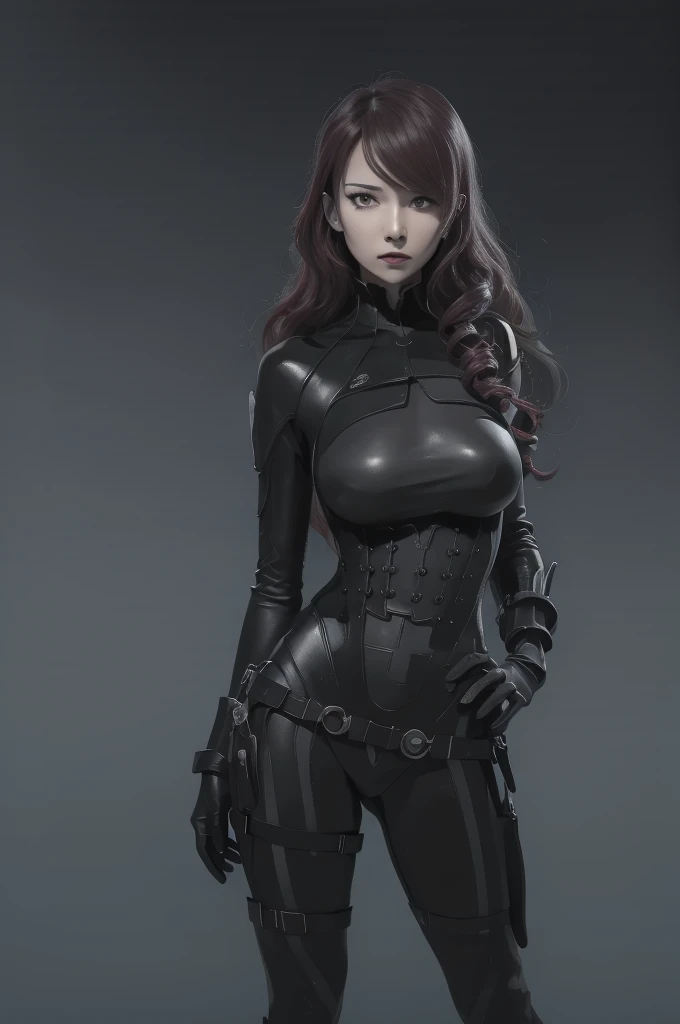a woman with red lipstick has armor on and is holding a sword, kirijou mitsuru, 1girl, solo, hair over one eye, long hair, (((red hair))), (((red eyes))), weapon, rapier, sword, bodysuit, black bodysuit, grey bodysuit, hand on hip, (((large breasts))), simple background, white background, (purple theme:1.2)