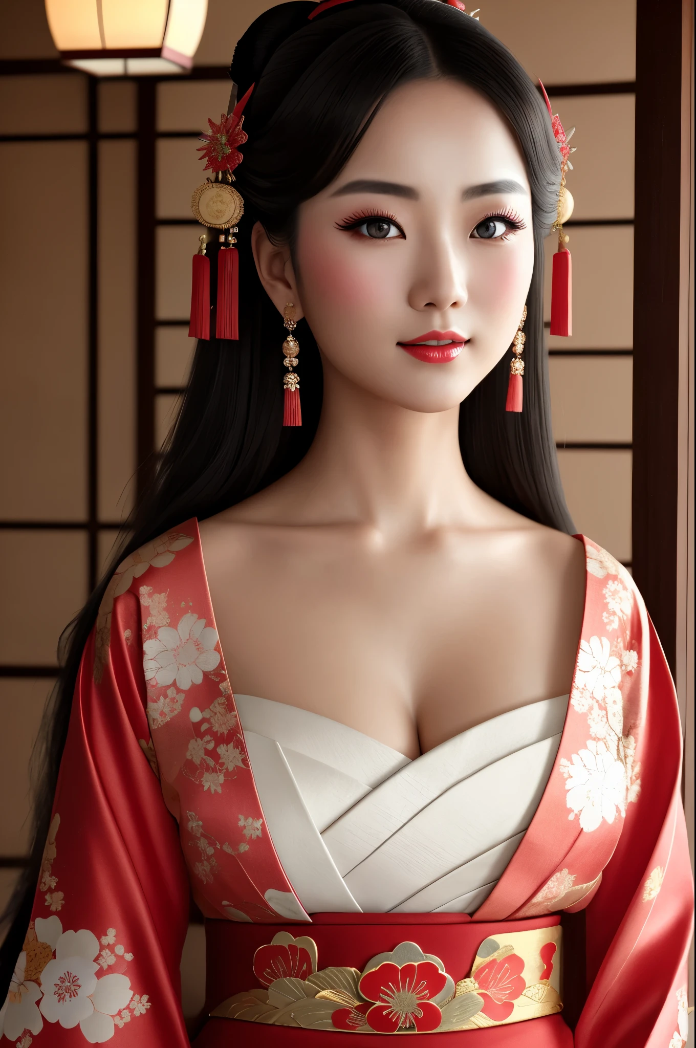 detailed realistic image of ung geisha, (((full body shot))), traditional japanese beauty, kimono with highly detailed traditional pattern, kanzashi and other japanese traditional women's hair ornaments, flirts with camera, seducing smile, ultra sexy, fancy makeup, heavy eye makeup, red lipstick, big breasts, cleavage, in traditional japanese interior, (Best Quality, 16K, Masterpiece, UHD, Ultra quality cinematic lighting, Huge detail, Well lit, 35mm, sharp, hyper realistic, epic scale, insane level of details, beautiful detailed girl, very detailed eyes and face, beautiful detailed eyes, ultra detailed skin, realistic skin)