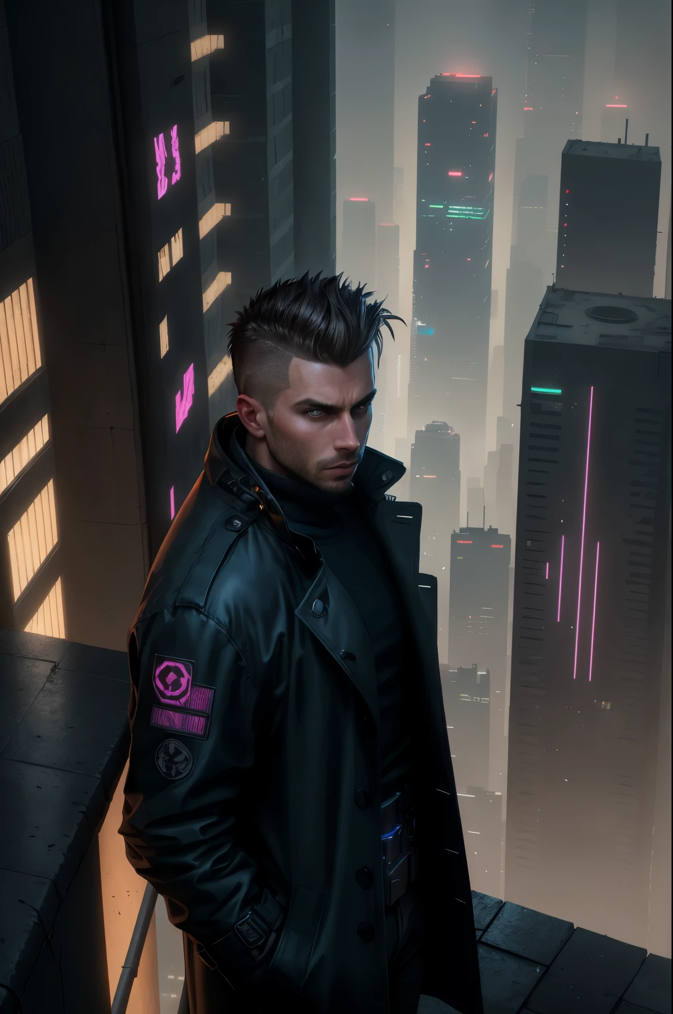 A man, 30 years old, brown eyes, hair shaved on the sides, combed back, wearing a dark trench coat with the collars turned up. He is leaning against the parapet of a building, observing from above the night of the cyberpunk city below in the background. Background futuristic cyberpunk make it realistic, Blade Runner, 8k, ultra hd