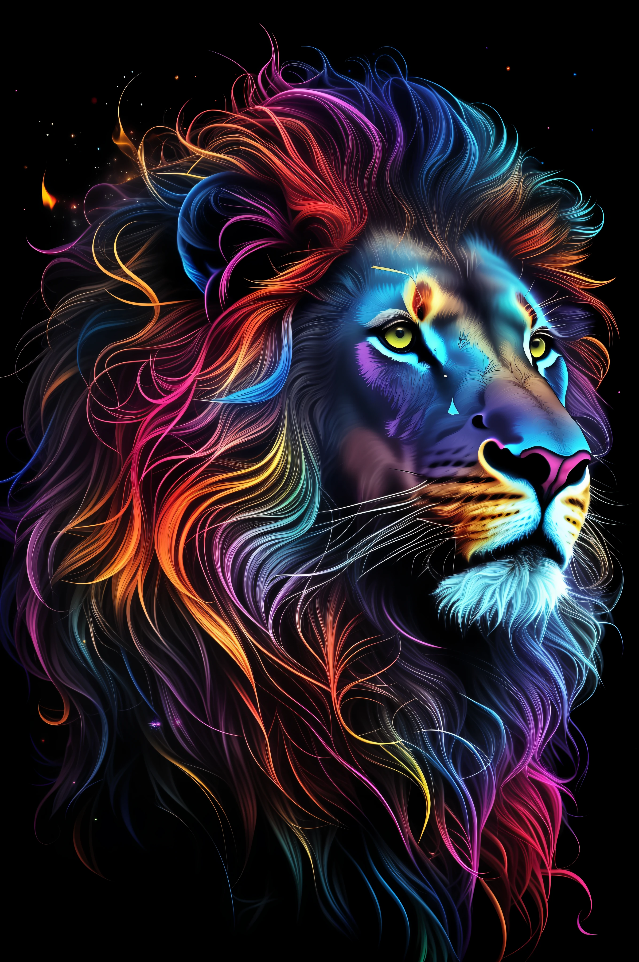 a close up of a lion with a colorful mane on a black background, cheio de cores e detalhes ricos, with the mane of a lion, fire lion, altamente intrincado e colorido, foto hd colorida, papel de parede do telefone hd, amazing wallpaper, the mane of a lion, papel de parede do telefone hd, Animais bonitos detalhados, cores fortes e vibrantes, obra-prima colorida intrincada