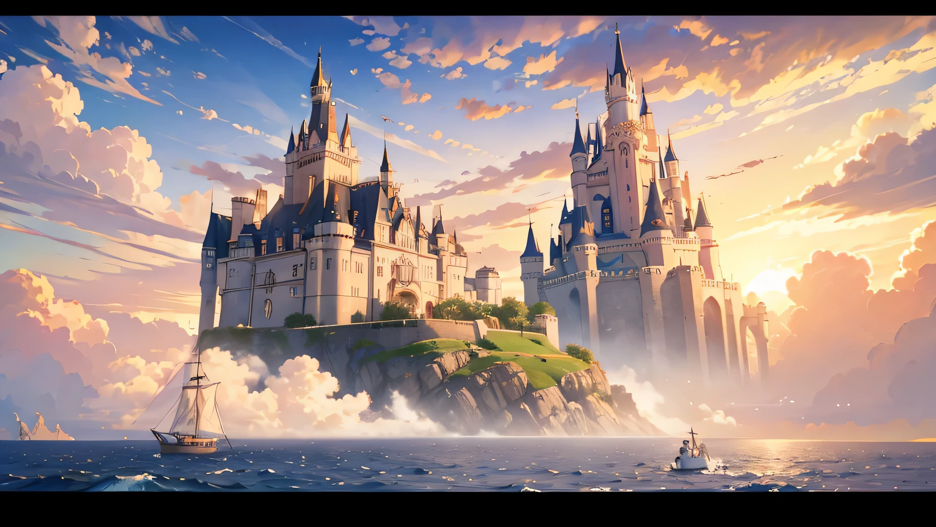 a castle floating in the sky on a big cloud, golden hour, romantic sea, pink flowers and roses