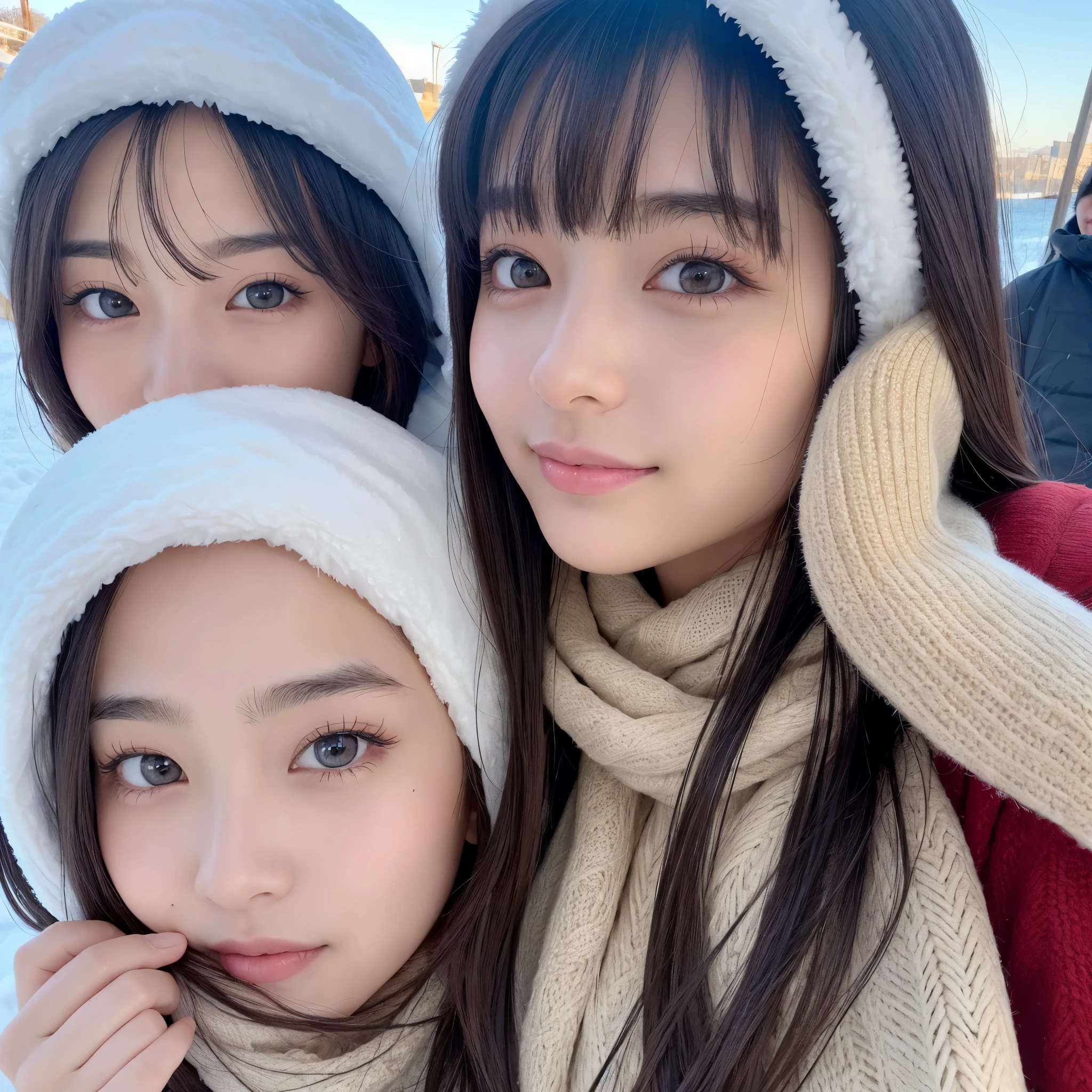 Best-quality, Masterpiece, Ultra-High-Resolution, (Photorealistic:1.4), Raw-Photo, many-girls, the most famous Japanese idols are having a lot of fun at winter-beach, all teenagers, (all different faces, extremely cute face, extremely beautiful face, extremely childish face, extremely sexy face), all extremely beautiful big-eyes, all extremely beautiful colorful-hair, all extremely beautiful skins, all extremely beautiful long-eyelashes, all extremely beautiful lips, all wearing winter-clothes
