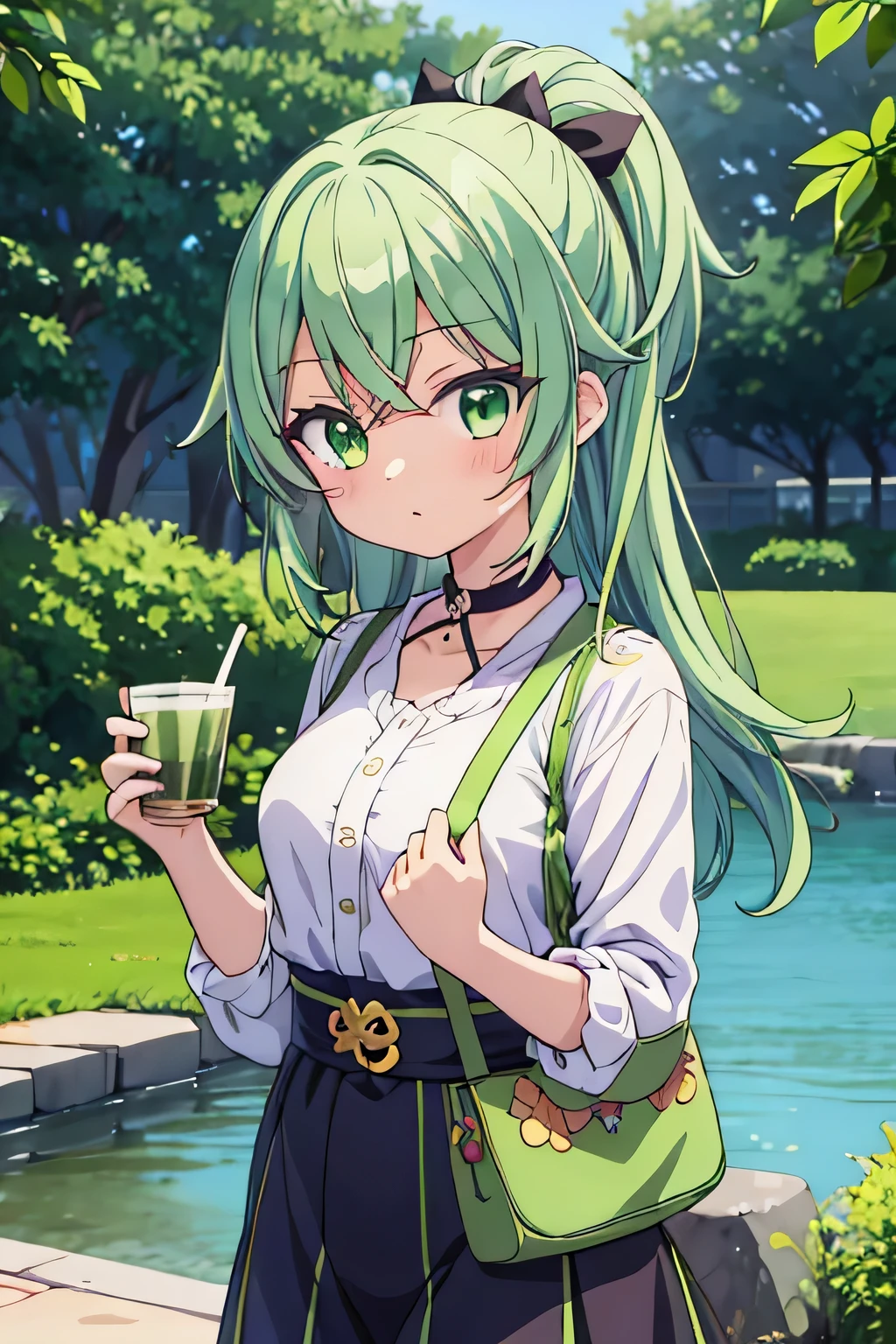 Fille de style anime, poils verts, j'adore le thé matcha, vtuber, avec de nombreuses expressions de visages