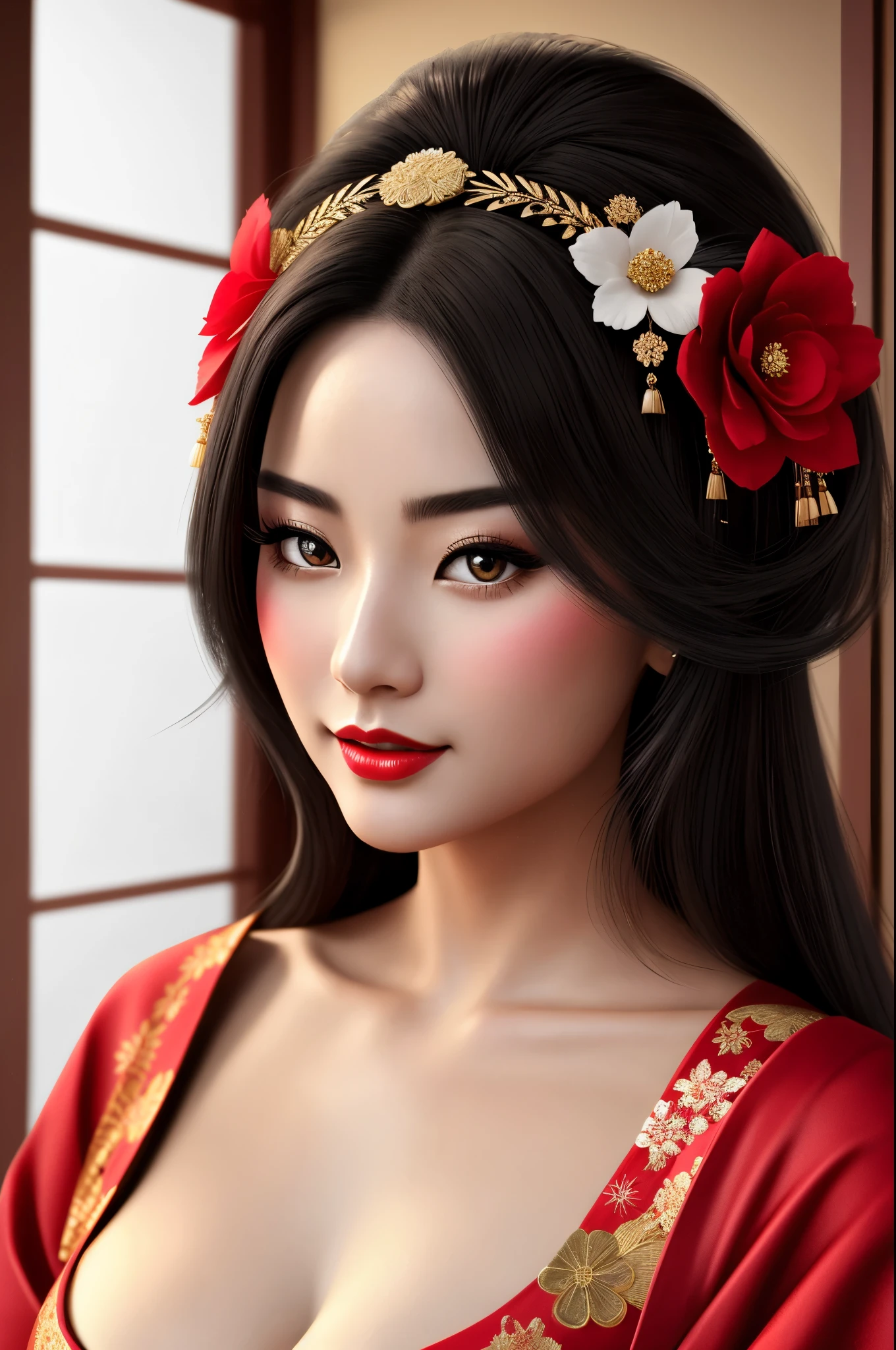 detailed realistic image of ung geisha, (((full body shot))), traditional japanese beauty, kimono with highly detailed traditional pattern, traditional geisha hairstyle, kanzashi and other japanese traditional women's hair ornaments, flirts with camera, seducing smile, ultra sexy, fancy makeup, heavy eye makeup, red lipstick, big breasts, cleavage, in traditional japanese interior, (Best Quality, 16K, Masterpiece, UHD, Ultra quality cinematic lighting, Huge detail, Well lit, 35mm, sharp, hyper realistic, epic scale, insane level of details, beautiful detailed girl, very detailed eyes and face, beautiful detailed eyes, ultra detailed skin, realistic skin)
