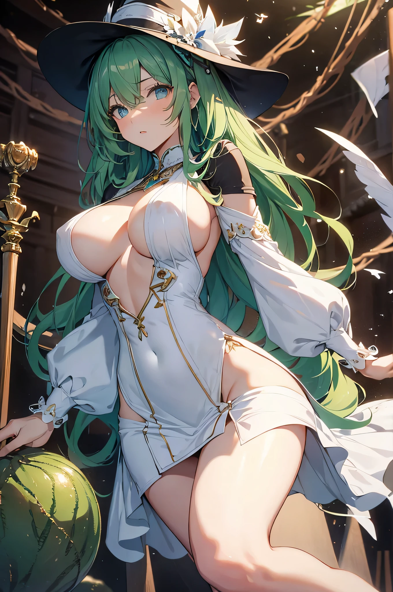 4K,High resolution,one woman,green hair,long hair,blue eyes,big breasts,Inverted nipples,wizard,side boob,white dress,brown shoes,white gloves,white hat,wooden cane,Jewelry Decoration,wilderness