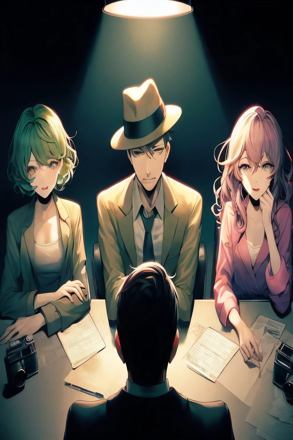 anime characters sitting at a table with a man in a hat, official anime still, sankakucomplex anime image, ( ( ( anime ) ) ), still from tv anime, visual novel cg, today's featured anime still, visual novel key visual, ; visual novel, anime still image, style of madhouse studio anime, visual novel, official studio anime still