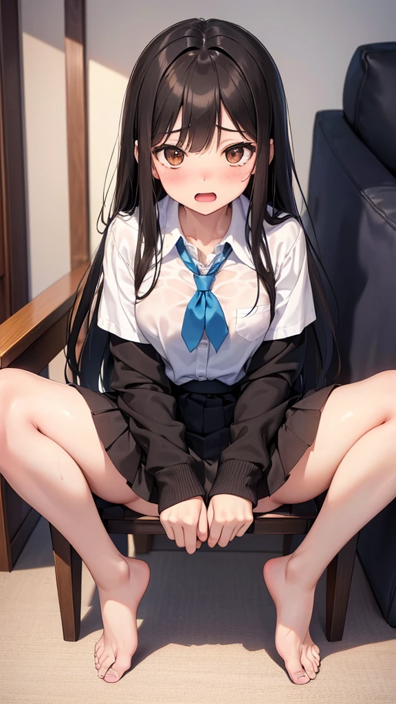 ( high quality, high resolution, complex and detailed depiction, masterpiece, Raw photo, Photorealistic 3DCG, perfect anatomy:1.2),( one woman, -yeld, bk hair, long hair, cute face, beautiful brown eyes, thin pubic hair, ),( Blushing cheeks, embarrassed expression, open mouth, virgin, ),( high school girl uniform , miniskirt, no panties, bare feet),( sit on a chair, open your legs, I can see the pussy )