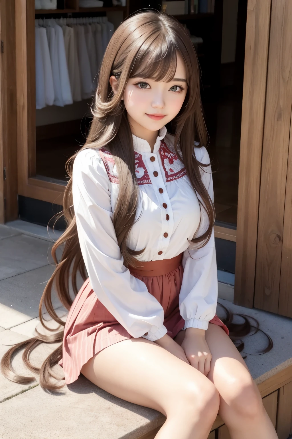 Cute girl with long hair and fair-skinned feminine clothes