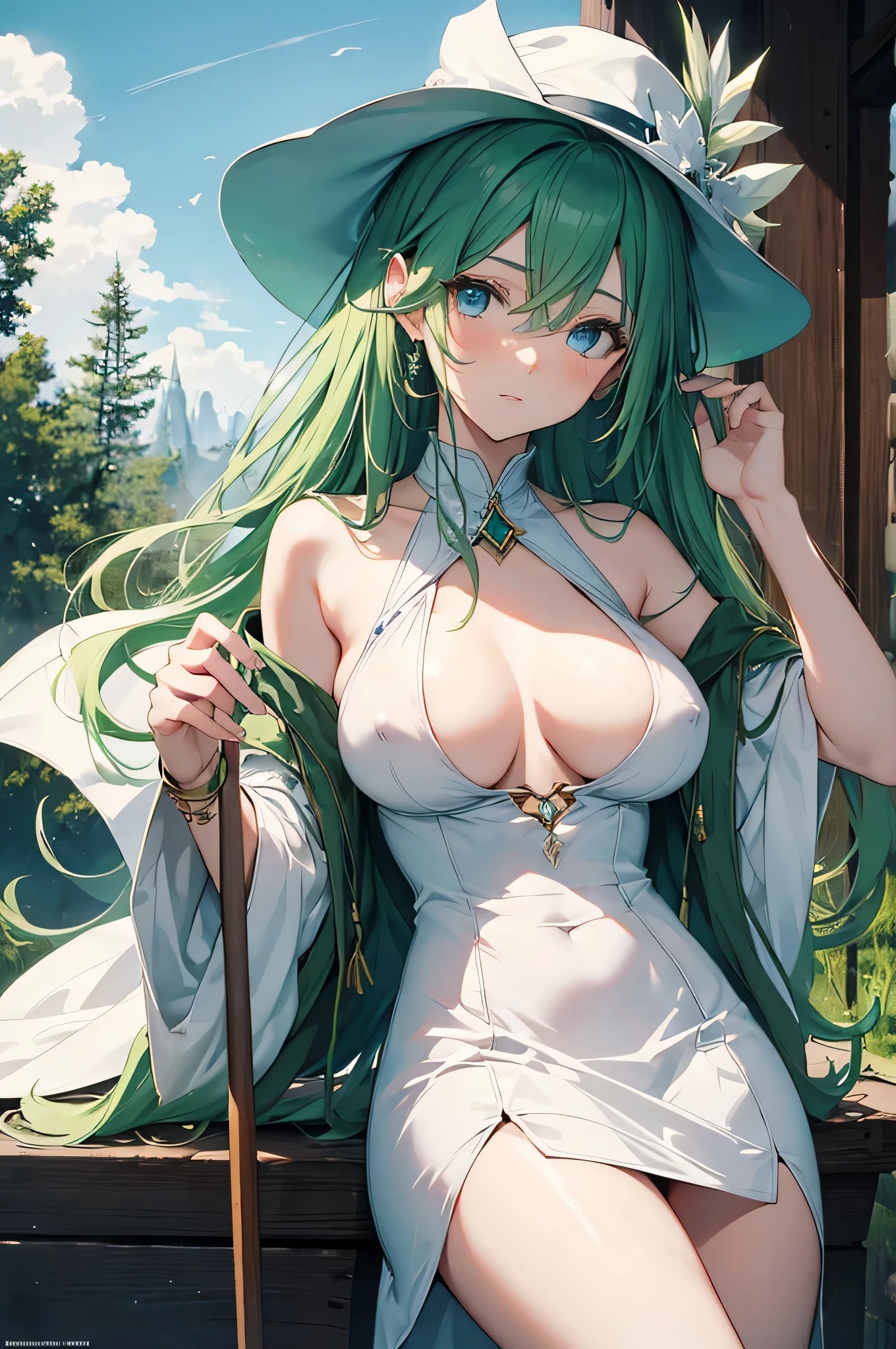 4K,High resolution,one woman,green hair,long hair,blue eyes,big breasts,Inverted nipples,wizard,side boob,white dress,brown shoes,white gloves,white hat,wooden cane,Jewelry Decoration,wilderness