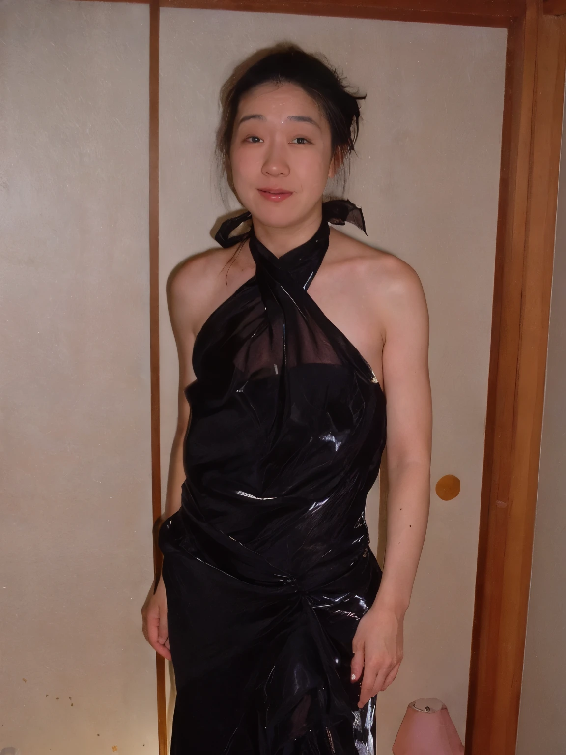 A four year old wearing a black dress standing in a room, wearing a plastic garbage bag, Attach a semi-transparent sheet, Atsuko Kudo wearing latex costume, open dress, covered with transparent cloth, wrapped in black, draped in transparent cloth, dressed in plastic bags, japanese woman, Garbage bags on the head, emaciated black evening dress