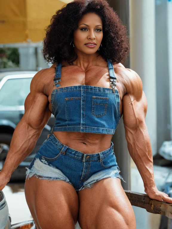 Pam Grier, A heavily muscled iffb pro female bodybuilder, A sexy female mechanic, sexy torn mechanic overalls, topless, bare midriff, pin-up aesthetic, high detail face, high detail skin, 8, HDR, high resolution, photo-realistic, cinematic lighting, depth of field, bokeh, rim lighting, backlit, cool colours, night