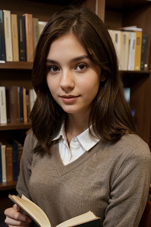 It shows a slender young woman with light brown eyes with brown hair and Caucasian complexion wearing a library uniform