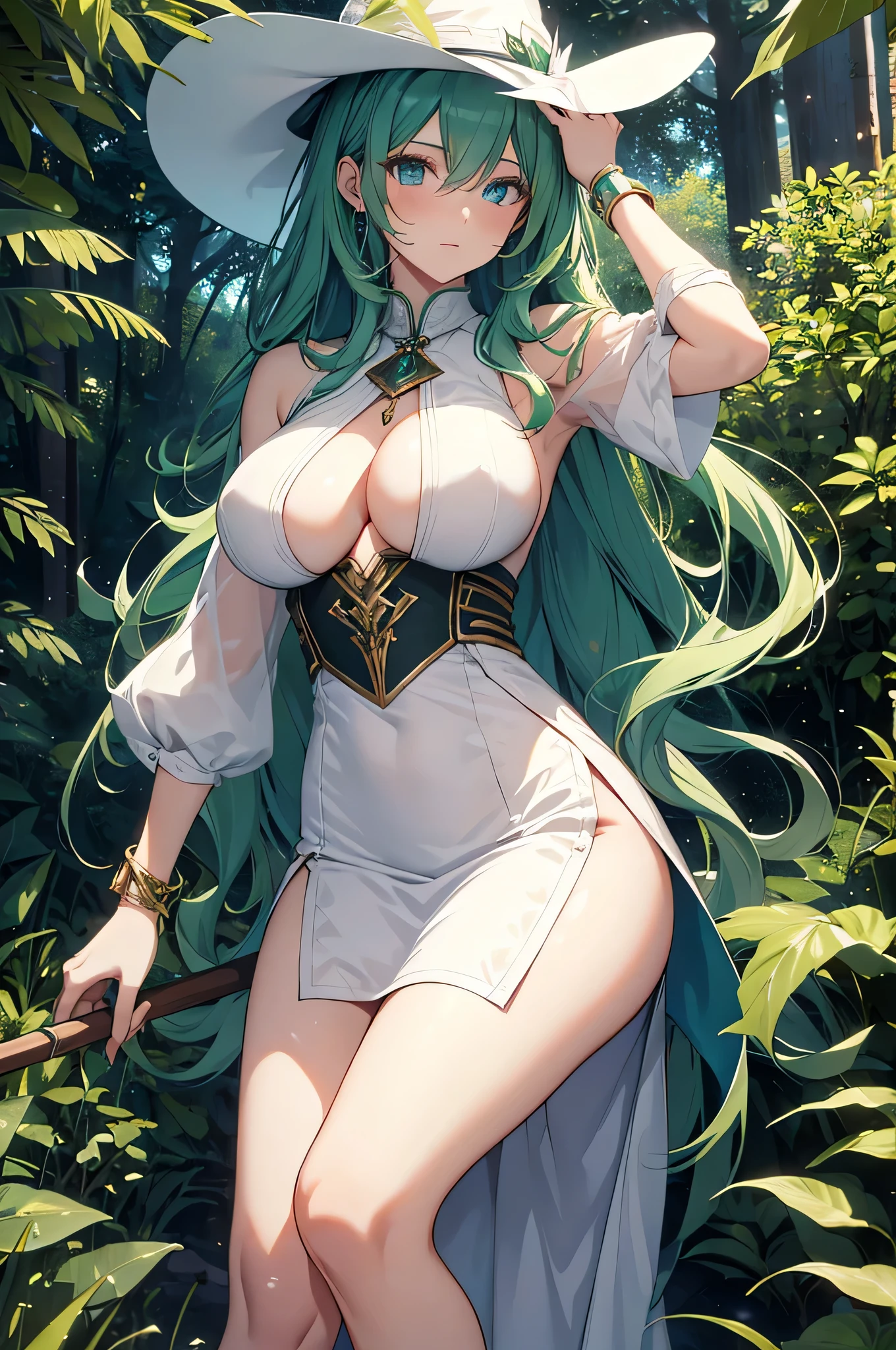 4K,High resolution,one woman,green hair,long hair,blue eyes,big breasts,wizard,side boob,white dress,brown shoes,white gloves,white hat,wooden cane,Jewelry Decoration,wilderness