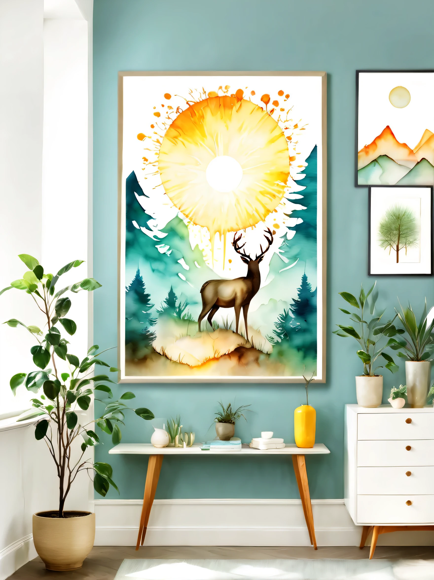 ((ink splatter:1.8)), (Room decoration watercolor painting:1.5), (ink splatter effect:1.4),(Splash paint:1.4), (Rainbow paint splash:1.4),(paint splatter background:1.4),wooden floor, cyan wall, Modern furniture, scandinavian interior design, Hexagon Art Print, nature illustration, deer, trees, Mountain, sun, slope, color blocking, simple style, houseplant, Ceramic vase, floor lamp, angled legs, Wood grain texture, mid century modern, bookshelf shape, framed art