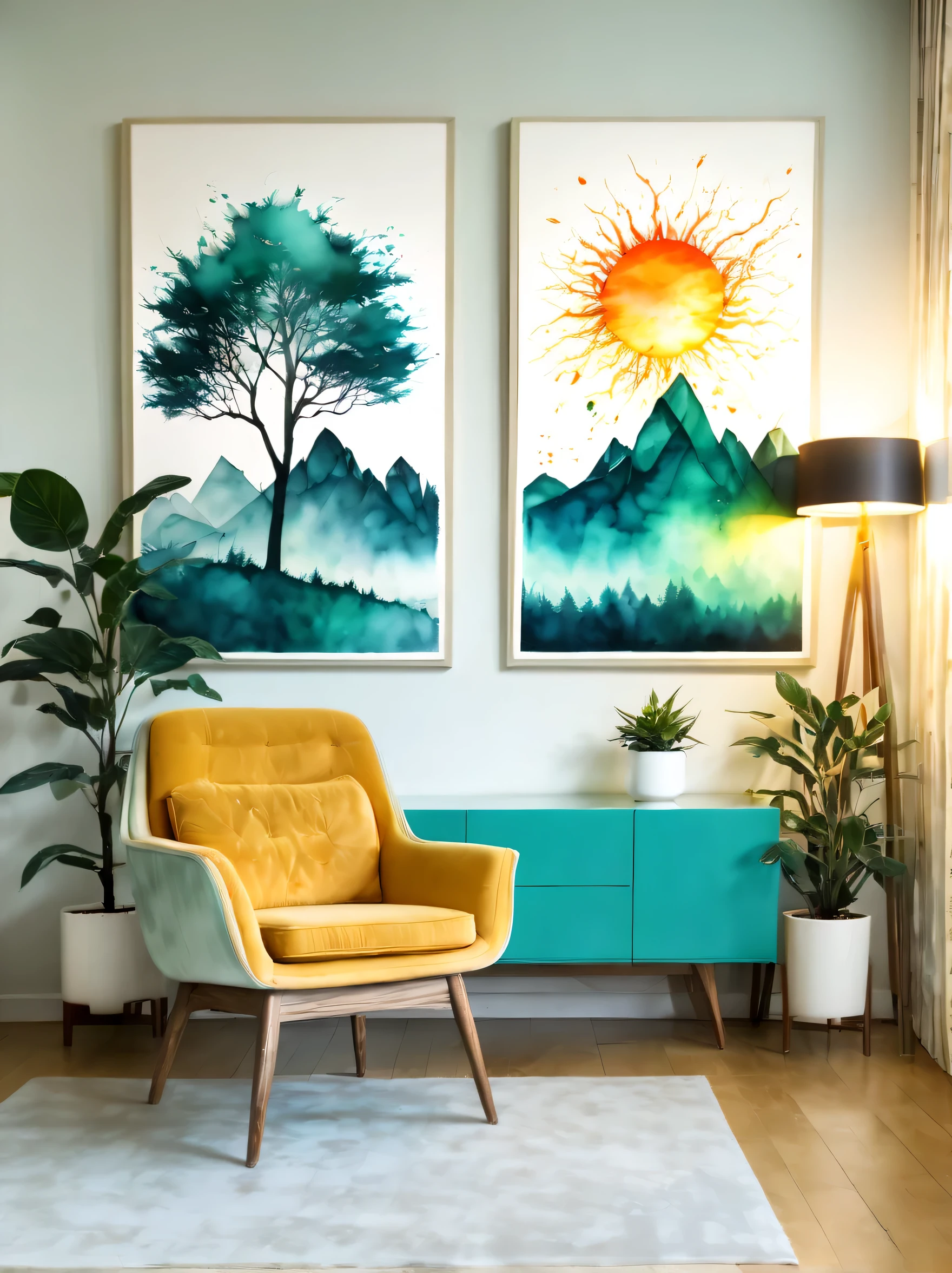 ((ink splatter:1.8)), (Room decoration watercolor painting:1.5), (ink splatter effect:1.4),(Splash paint:1.4), (Rainbow paint splash:1.4),(paint splatter background:1.4),wooden floor, cyan wall, Modern furniture, scandinavian interior design, Hexagon Art Print, nature illustration, deer, trees, Mountain, sun, slope, color blocking, simple style, houseplant, Ceramic vase, floor lamp, angled legs, Wood grain texture, mid century modern, bookshelf shape, framed art