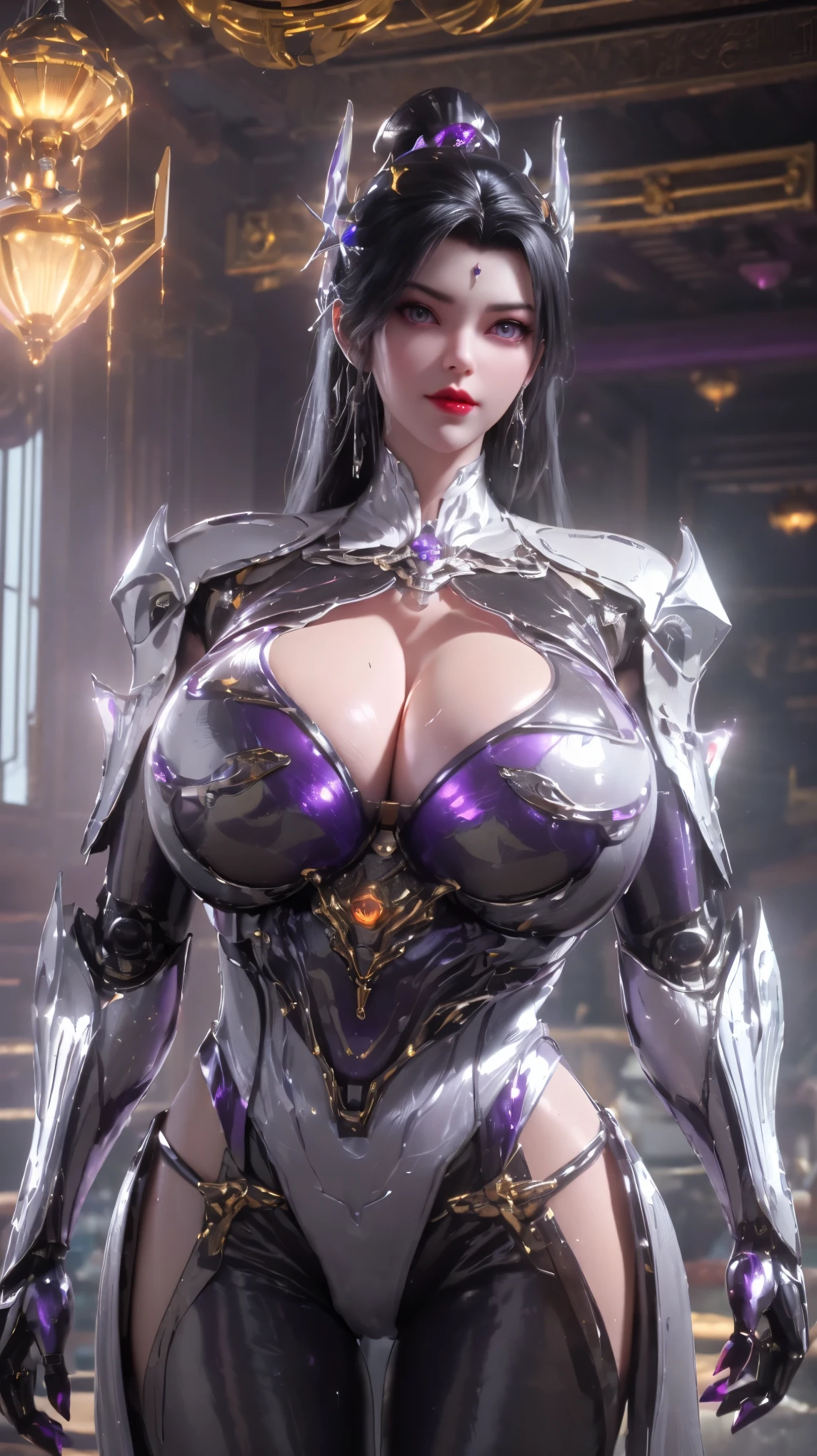 A BUSTY MILF, PORTRAIT,UPPER BODY,SOLO,(BEAUTY BLACK HAIR, GOLD DRAGON HORN), (MASSIVE FAKE BOOBIES,CLEAVAGE TOP,MUSCLE ABS:1.5), (((LED PURPLE, WHITE, BLACK) SHINY ROBOT MECHANICAL SEXY BIKINI OUTFIT:1.5)),(CURVY VOLUPTUOUS BODY MATURE WOMAN:1.5), (SWEATY GLOSSY BODYSKIN:1.5), (LOOKING AT VIEWER:1.5),(BACKGROUND FUTURISTIC SPACE STATION:1), (PHOTOREALSITIC:1.4), (ULTRA-DETAILLIERT), (TOP-QUALITY), (BEST SHADOWS), BRIGHT LIGHT IN ROOM, HYPER TEXTURE, (4X MSAA), ((UNREAL ENGINE 5 RENDER)), PHYSICALLY-BASED RENDERING, ULTRA HIGHT DEFINITION, 16K, 1080P.