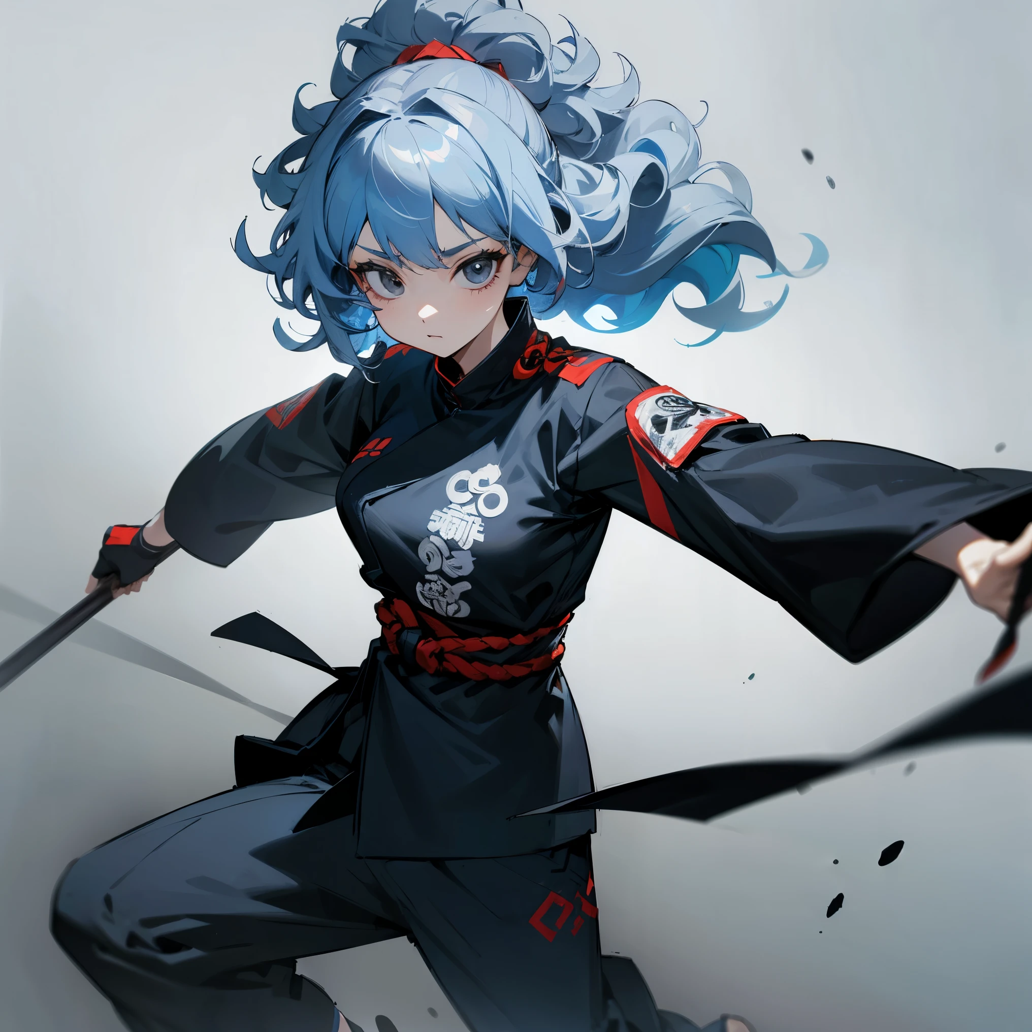 1female , Black Eyes , Pale Blue Hair , Curly Hair , Martial Arts Clothing , Unique Clothing , Grey Sky Background 