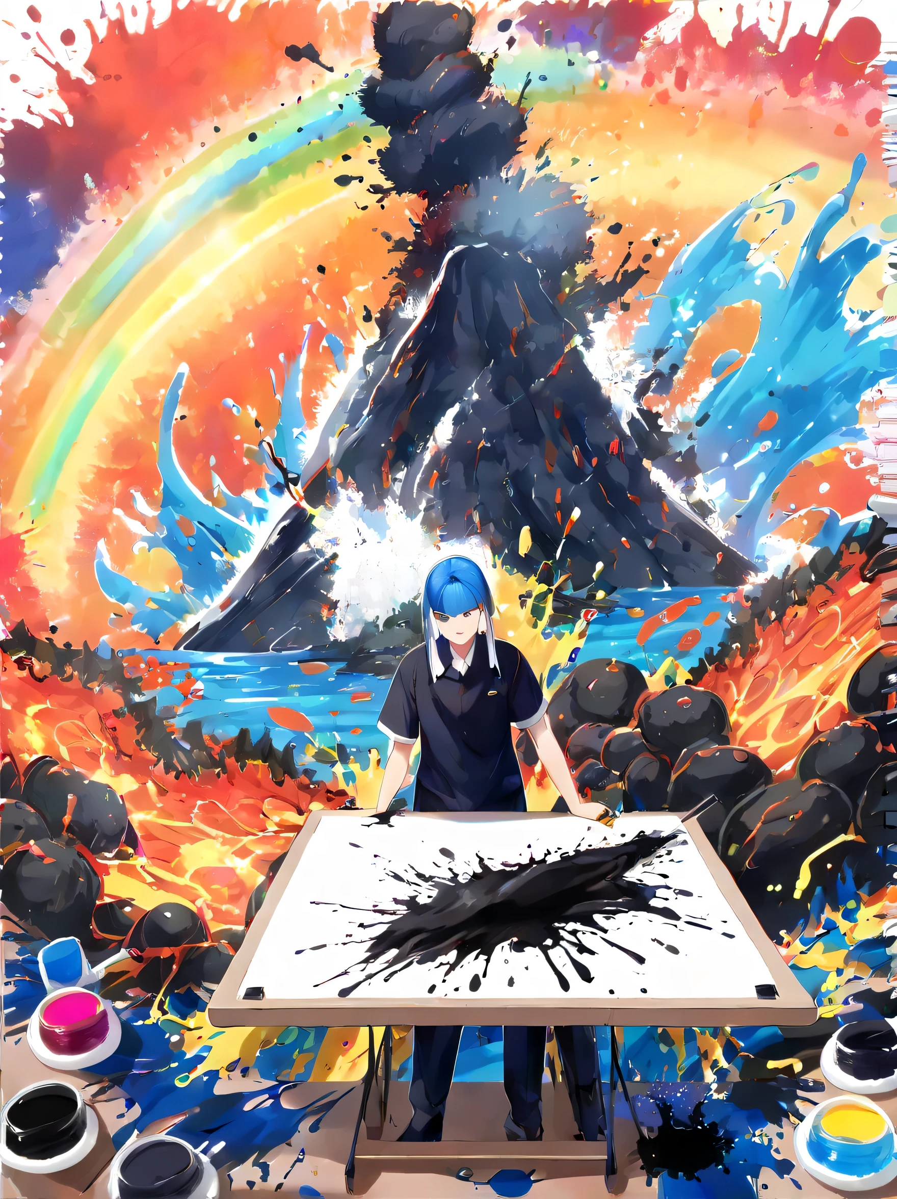 Whimsical vibe,Underwater world,((Undersea volcanic eruption on a drawing board,Magma and lava splashes made of ink:1.6)),((ink pigment,Intense colorful ink splash:1.6)),(在画布和火山上有更多的Ink splash effect:1.6),(Characters covered with ink liquid splatter:1.6), (Ink splash effect:1.4),(Splash paint:1.4), (Rainbow paint splash:1.4),(paint splatter background:1.4),The octopus should look happy doing its art,Surrounded by a vibrant aquatic environment filled with coral and marine life,(Vector illustration:1.2)