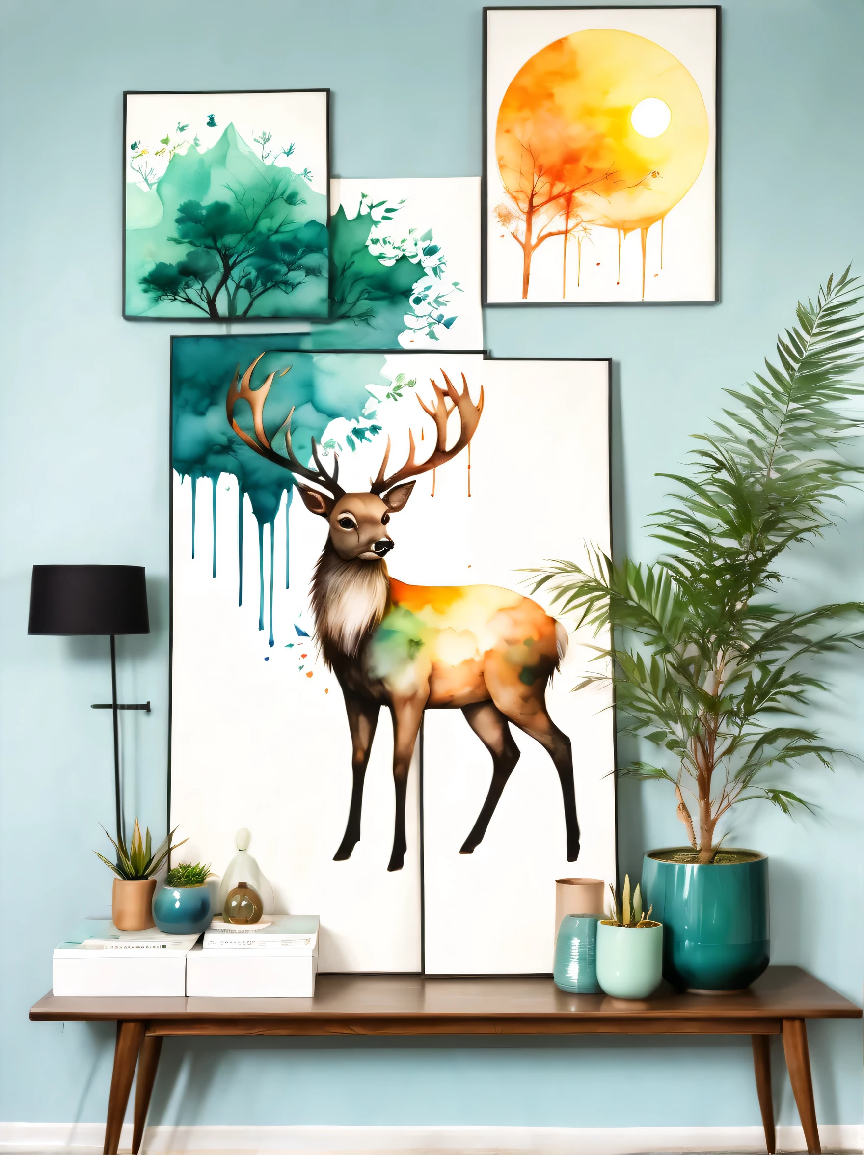((ink splatter:1.8)), (Room decoration watercolor painting:1.5), (ink splatter effect:1.4),(Splash paint:1.4), (Rainbow paint splash:1.4),(paint splatter background:1.4),wooden floor, cyan wall, Modern furniture, scandinavian interior design, Hexagon Art Print, nature illustration, deer, trees, Mountain, sun, slope, color blocking, simple style, houseplant, Ceramic vase, floor lamp, angled legs, Wood grain texture, mid century modern, bookshelf shape, framed art