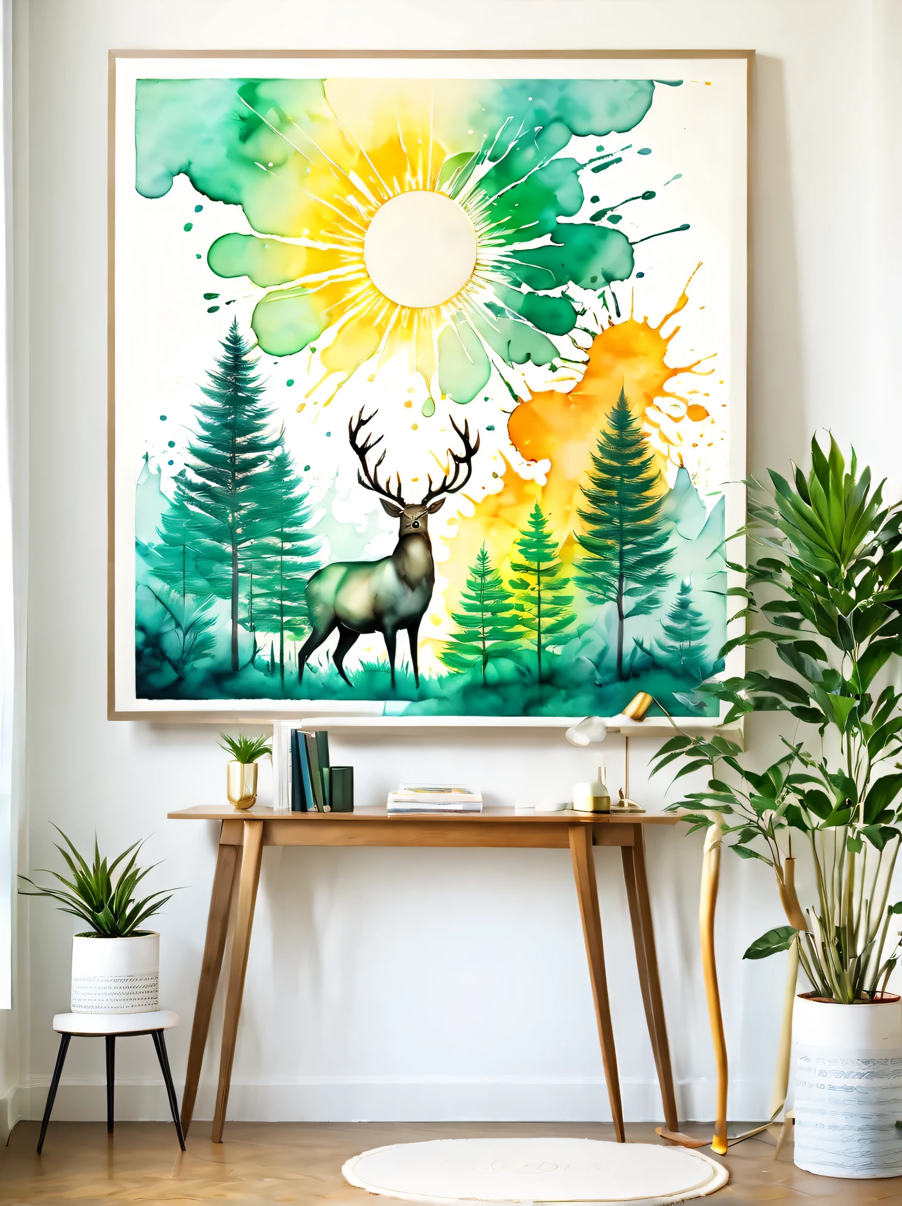 ((ink splatter:1.8)), (Room decoration watercolor painting:1.5), (ink splatter effect:1.4),(Splash paint:1.4), (Rainbow paint splash:1.4),(paint splatter background:1.4),wooden floor, cyan wall, Modern furniture, scandinavian interior design, Hexagon Art Print, nature illustration, deer, trees, Mountain, sun, slope, color blocking, simple style, houseplant, Ceramic vase, floor lamp, angled legs, Wood grain texture, mid century modern, bookshelf shape, framed art