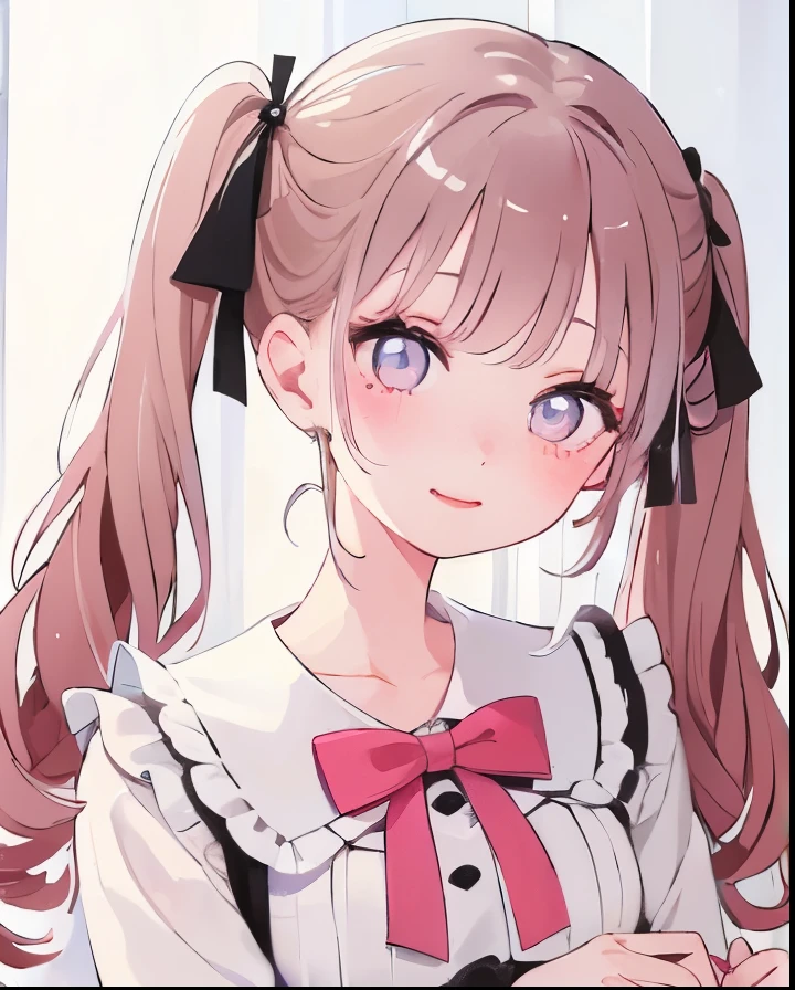 highest quality、An illustration、1 girl、beautiful face、cute、white background、brown hair、curly hair、half twin tail、white thin ribbon、white blouse、gingham checked skirt、white skin、princess cut、pink cheeks、smile、Pink lips、tear bag