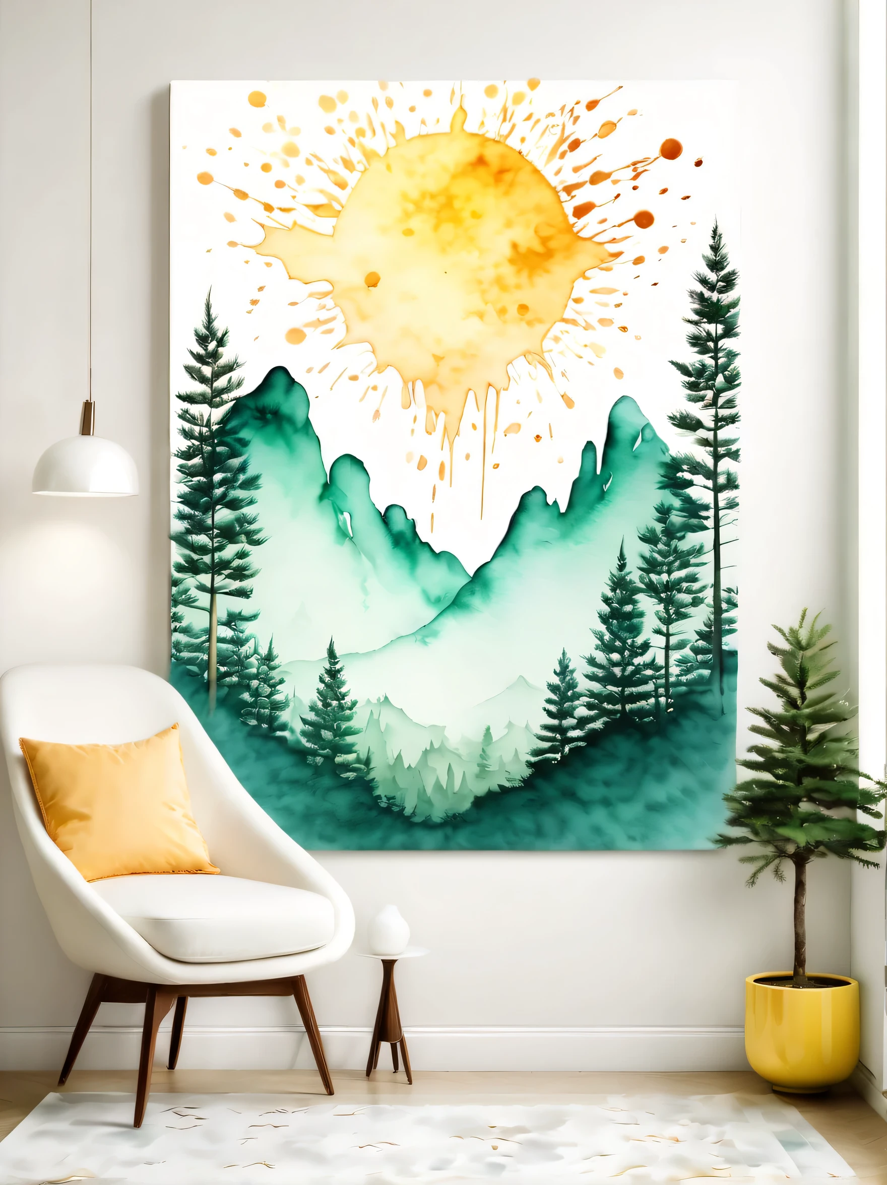 ((ink splatter:1.8)), (Room decoration watercolor painting:1.5), (ink splatter effect:1.4),(Splash paint:1.4), (Rainbow paint splash:1.4),(paint splatter background:1.4),wooden floor, cyan wall, Modern furniture, scandinavian interior design, Hexagon Art Print, nature illustration, deer, trees, Mountain, sun, slope, color blocking, simple style, houseplant, Ceramic vase, floor lamp, angled legs, Wood grain texture, mid century modern, bookshelf shape, framed art