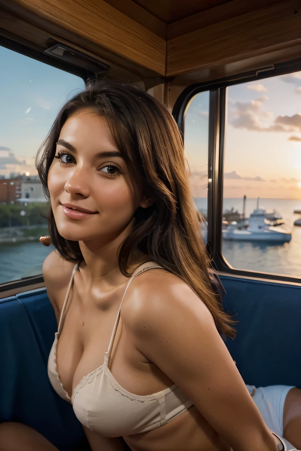 Take your followers on a virtual journey by sharing a throwback photo from a memorable trip. Describe the destination, share travel tips, and ask your audience about their dream vacation spots,american girl, brunette,brown eyes,breast,20 years old