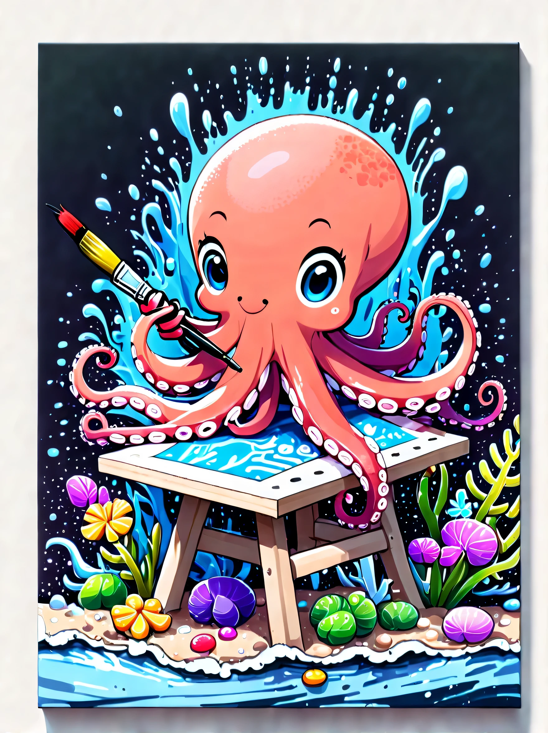 Illustration style and whimsical atmosphere，Underwater world，((1 cute octopus draws on the drawing board with a paintbrush:1.5))，((油画颜料和彩色ink的强烈飞溅效果:1.6))，(More ink splatter effects on the canvas and octopus:1.6)，(Character covered in ink liquid splatter:1.6), (Underwater world背景，Splashed ink，ink:1.6)，The octopus should look happy doing its art，Surrounded by a vibrant aquatic environment filled with coral and marine life。(Vector illustration:1.2)