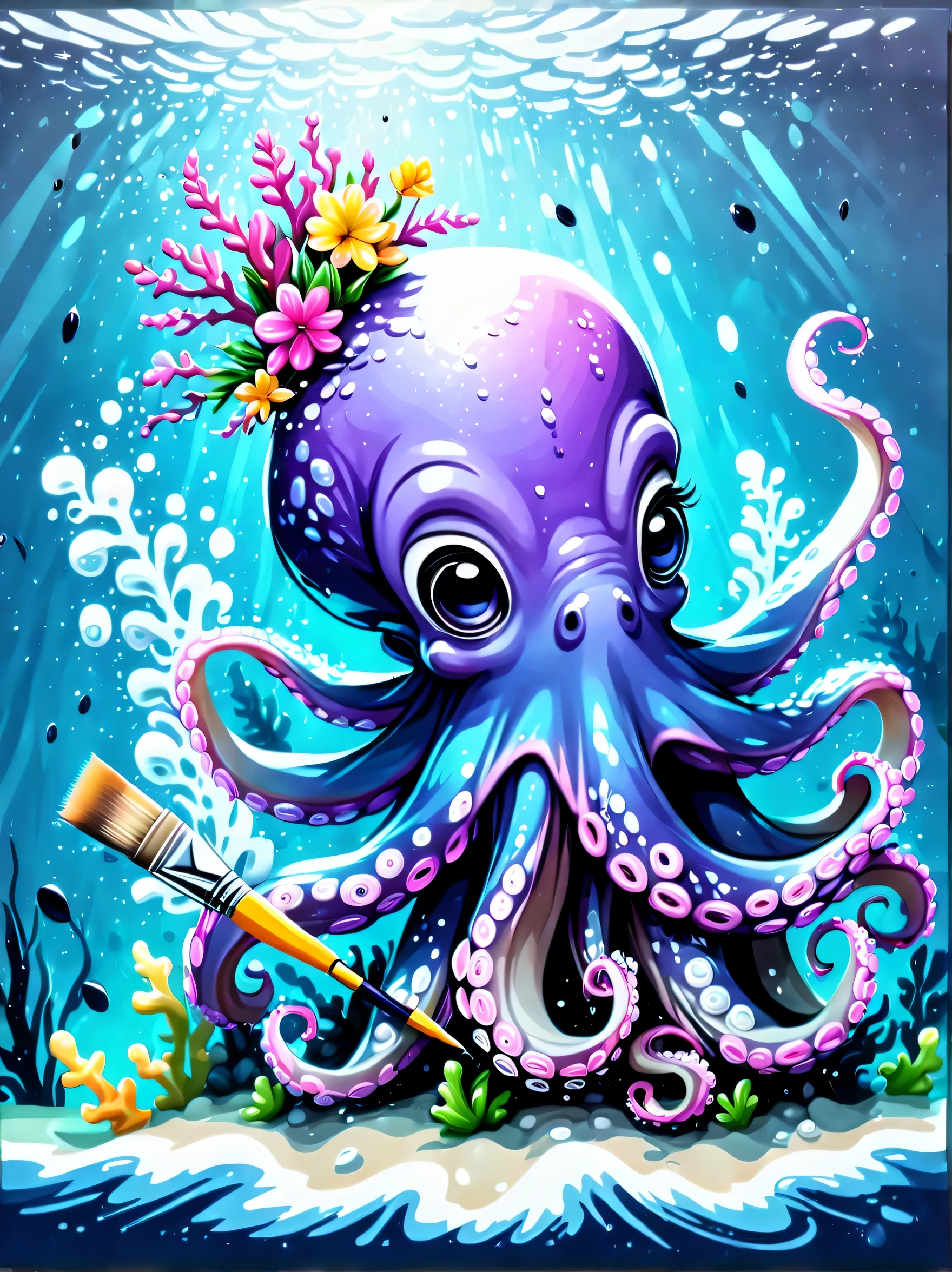 Illustration style and whimsical atmosphere，Underwater world，((1 cute octopus draws on the drawing board with a paintbrush:1.5))，((油画颜料和彩色ink的强烈飞溅效果:1.6))，(More ink splatter effects on the canvas and octopus:1.6)，(Character covered in ink liquid splatter:1.6), (Underwater world背景，Splashed ink，ink:1.6)，The octopus should look happy doing its art，Surrounded by a vibrant aquatic environment filled with coral and marine life。(Vector illustration:1.2)