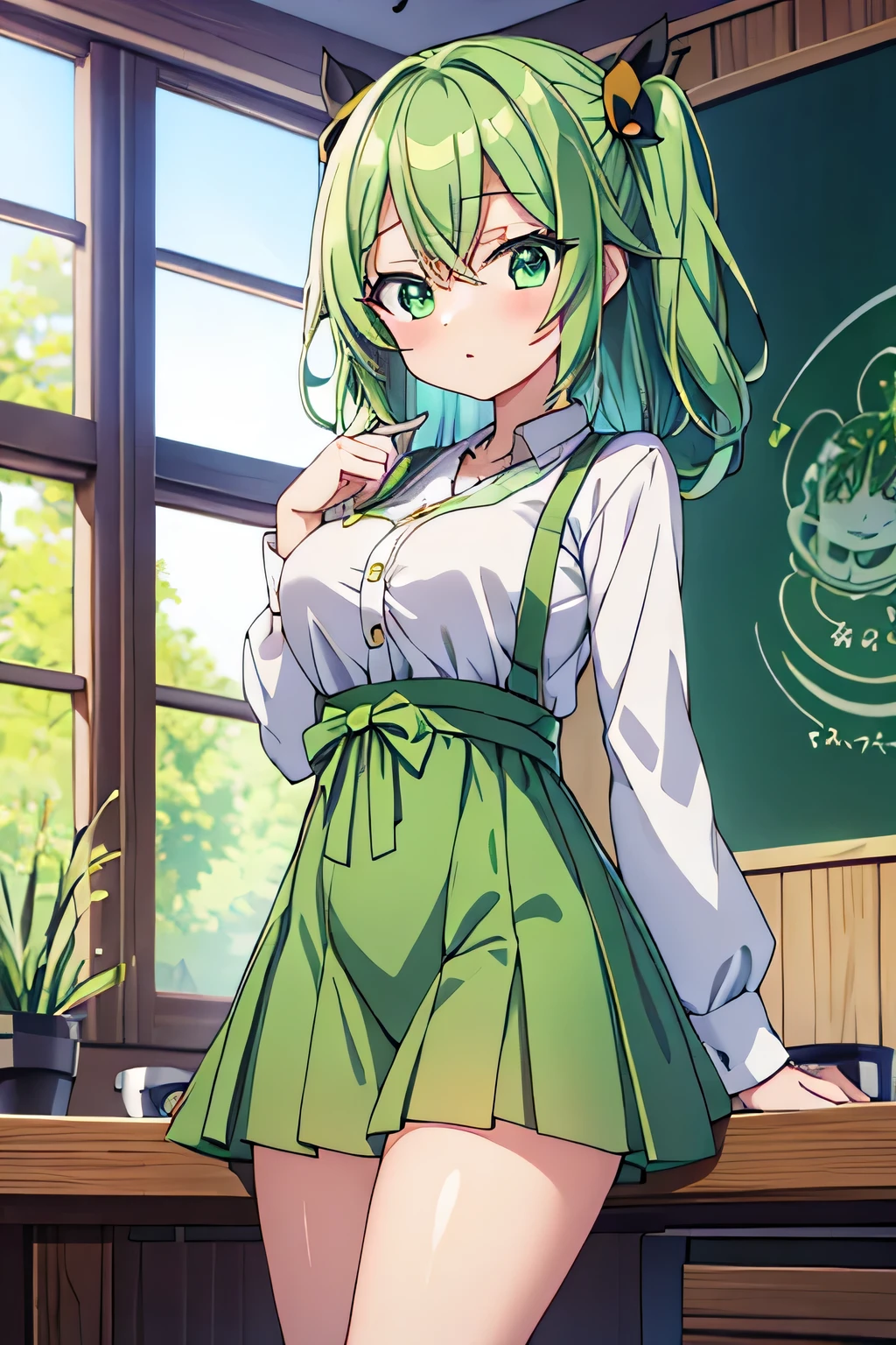 Fille de style anime, poils verts, j'adore le thé matcha, dans la salle de diffusion,