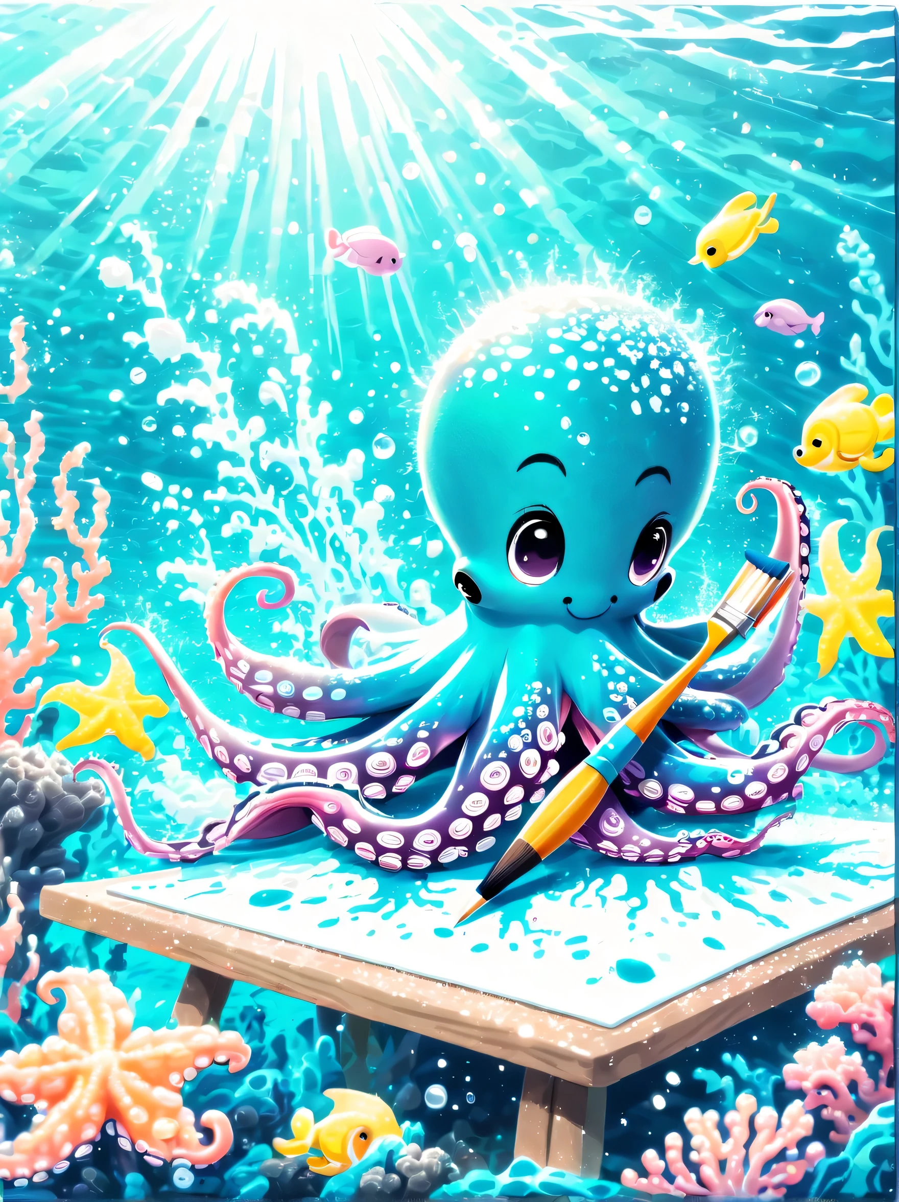 Illustration style and whimsical atmosphere，Underwater world，((1 cute octopus draws on the drawing board with a paintbrush:1.5))，((油画颜料和彩色ink的强烈飞溅效果:1.6))，(More ink splatter effects on the canvas and octopus:1.6)，(Character covered in ink liquid splatter:1.6), (Underwater world背景，Splashed ink，ink:1.6)，The octopus should look happy doing its art，Surrounded by a vibrant aquatic environment filled with coral and marine life。(Vector illustration:1.2)